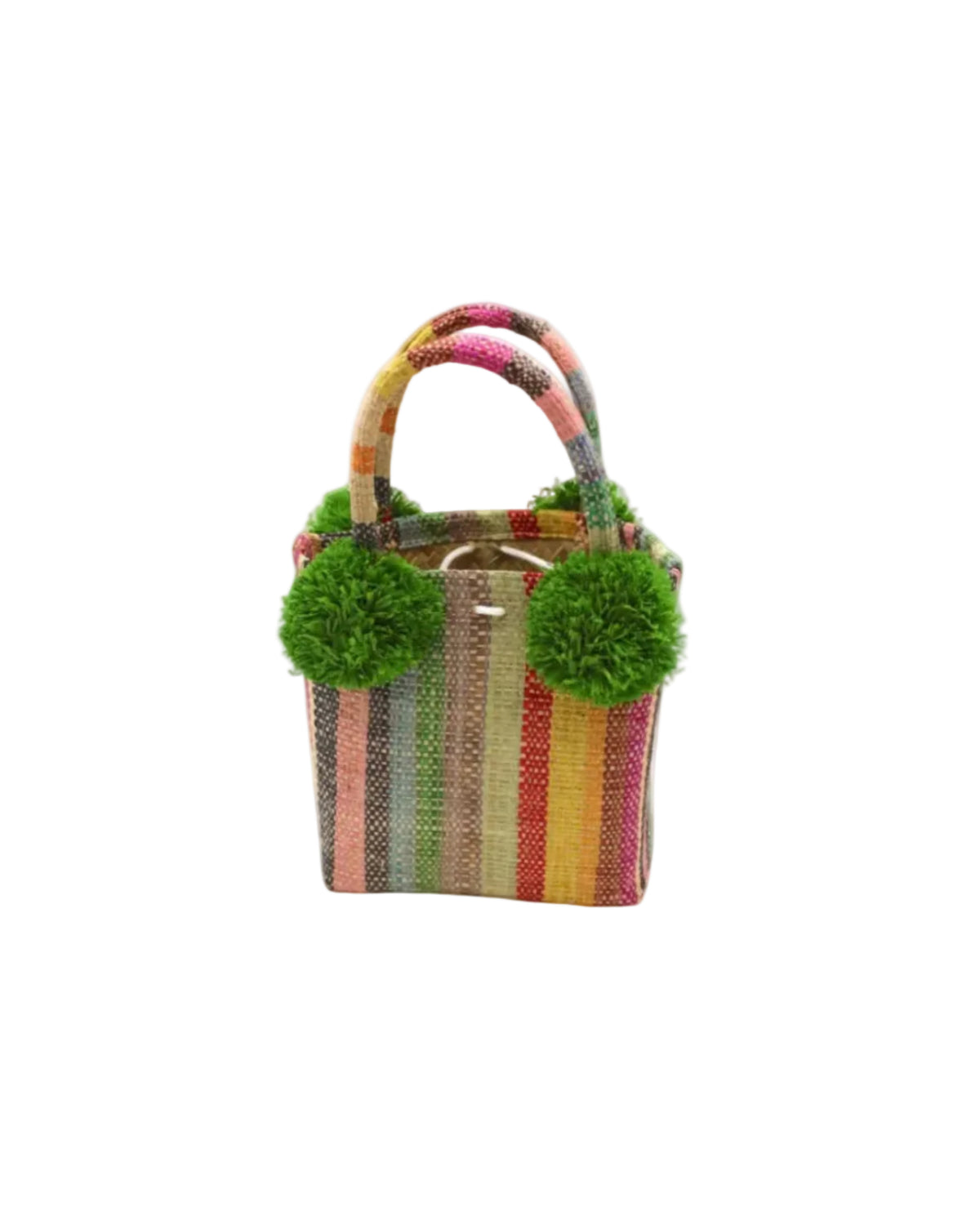 Schooner Lollipop Stripe Straw Mini Bag with Pompom Accent handmade loomed natural raffia palm fiber in multi width vertical multicolor stripe pattern of red, yellow, orange, grey, brown, green, blue, pink, black, and natural straw color with four matching raffia pompom embellishments at the base of each handle attachment tiny purse extra small handbag - Shebobo