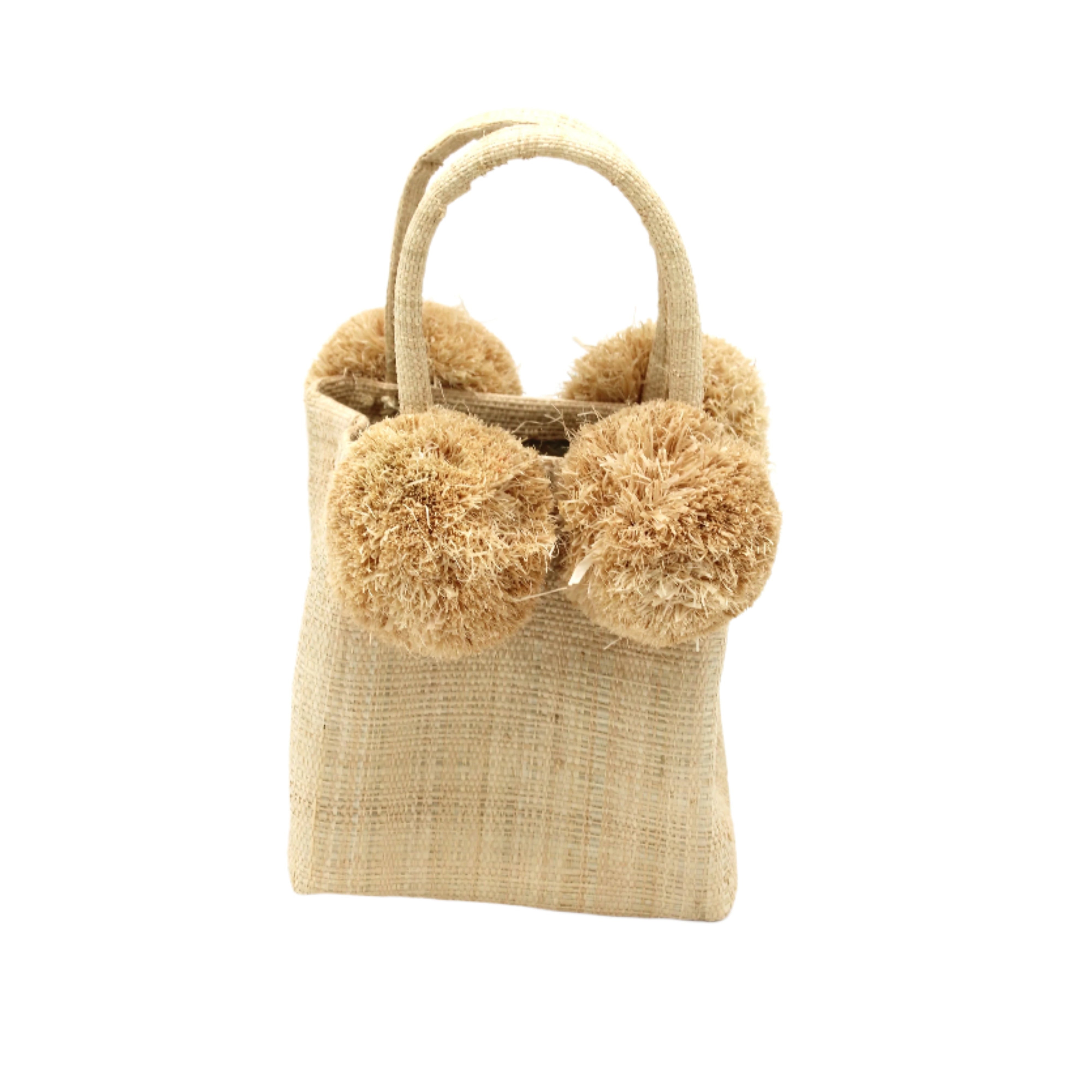 Schooner Straw Mini Bag with Pompom Accent handmade loomed natural raffia palm fiber in a solid hue of natural straw color with four matching raffia pompom embellishments at the base of each handle attachment tiny purse extra small handbag - Shebobo