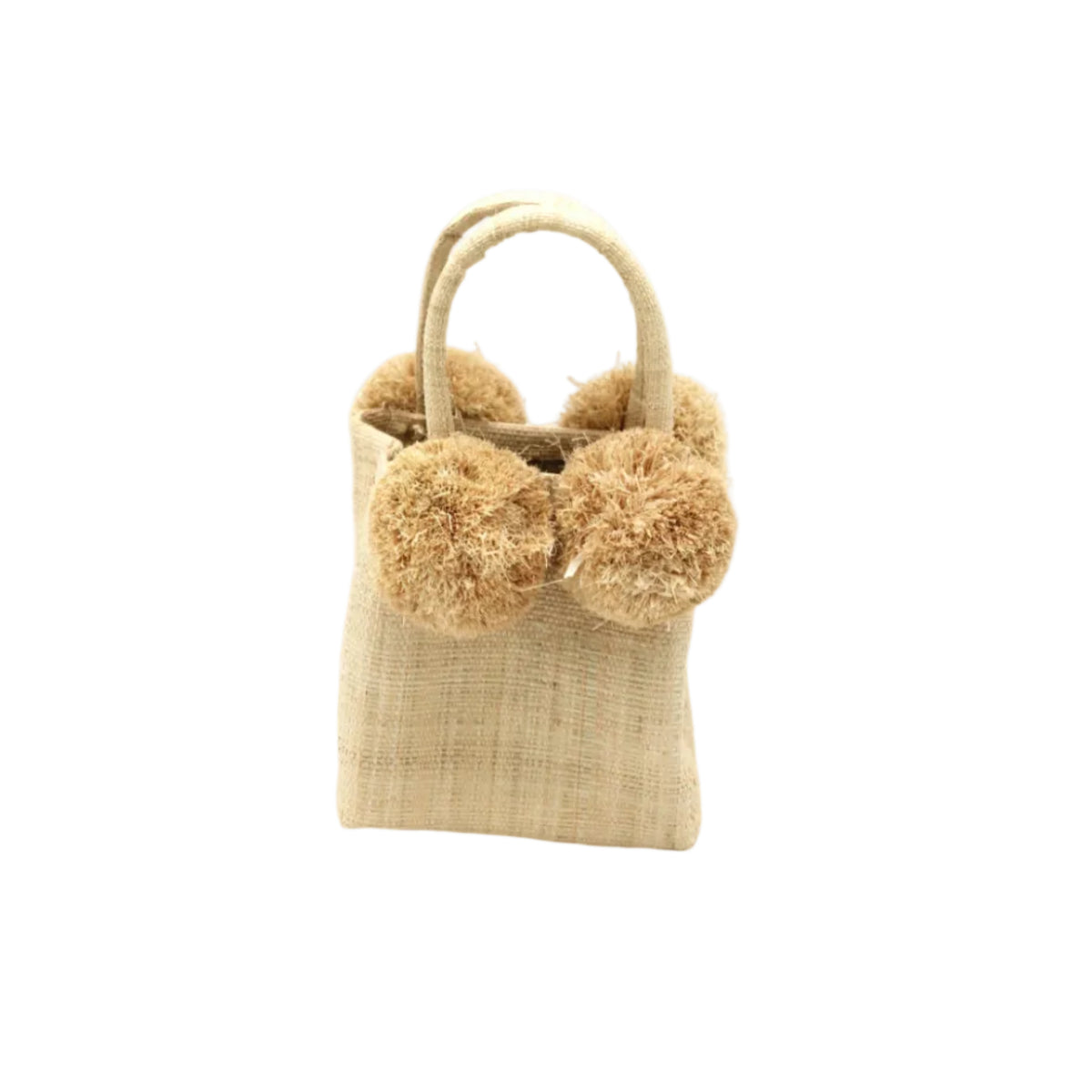 Schooner Straw Mini Bag with Pompom Accent handmade loomed natural raffia palm fiber in a solid hue of natural straw color with four matching raffia pompom embellishments at the base of each handle attachment tiny purse extra small handbag - Shebobo