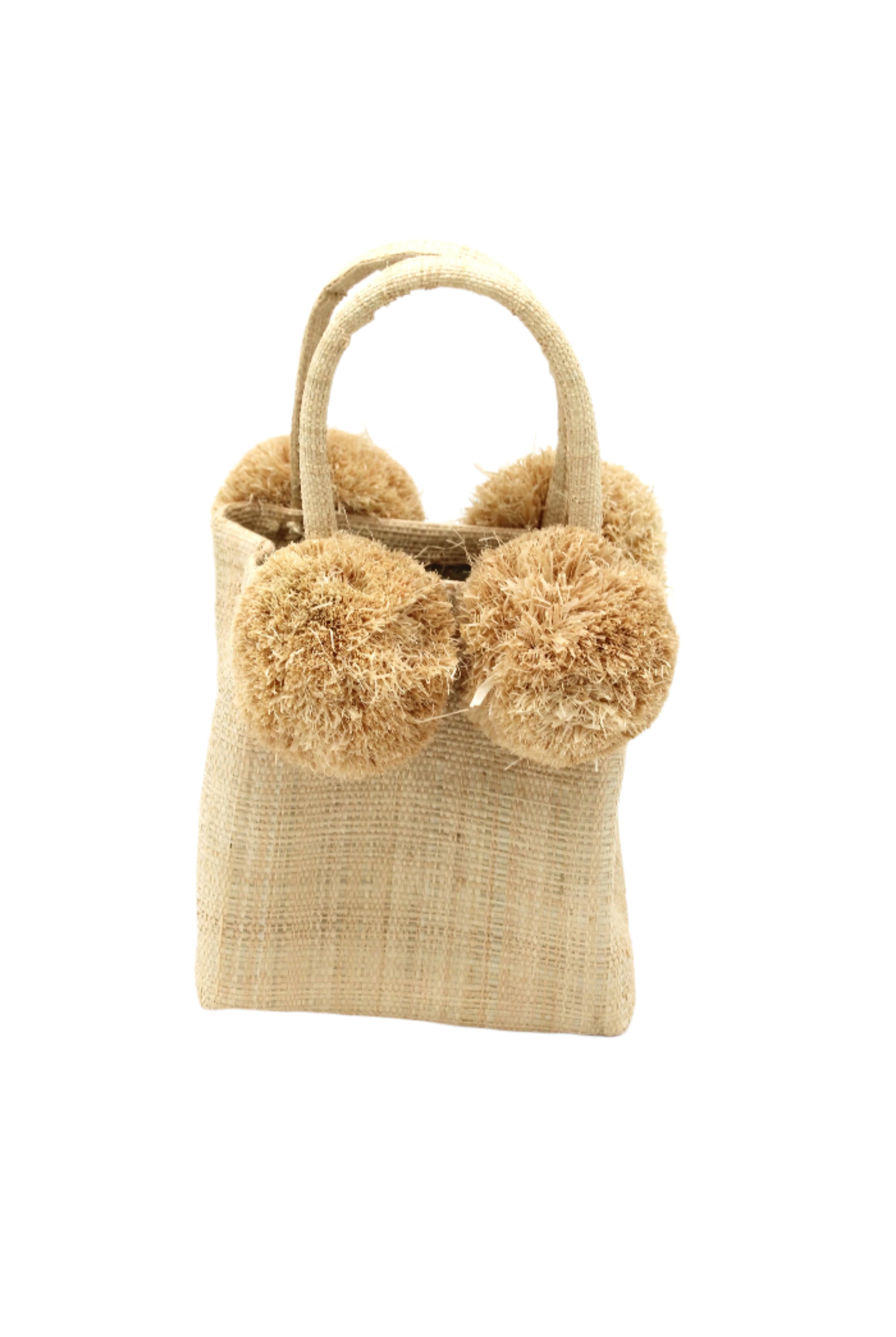 Schooner Straw Mini Bag with Pompom Accent handmade loomed natural raffia palm fiber in a solid hue of natural straw color with four matching raffia pompom embellishments at the base of each handle attachment tiny purse extra small handbag - Shebobo