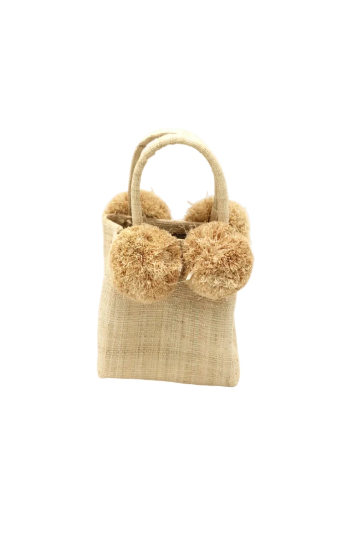Schooner Straw Mini Bag with Pompom Accent handmade loomed natural raffia palm fiber in a solid hue of natural straw color with four matching raffia pompom embellishments at the base of each handle attachment tiny purse extra small handbag - Shebobo