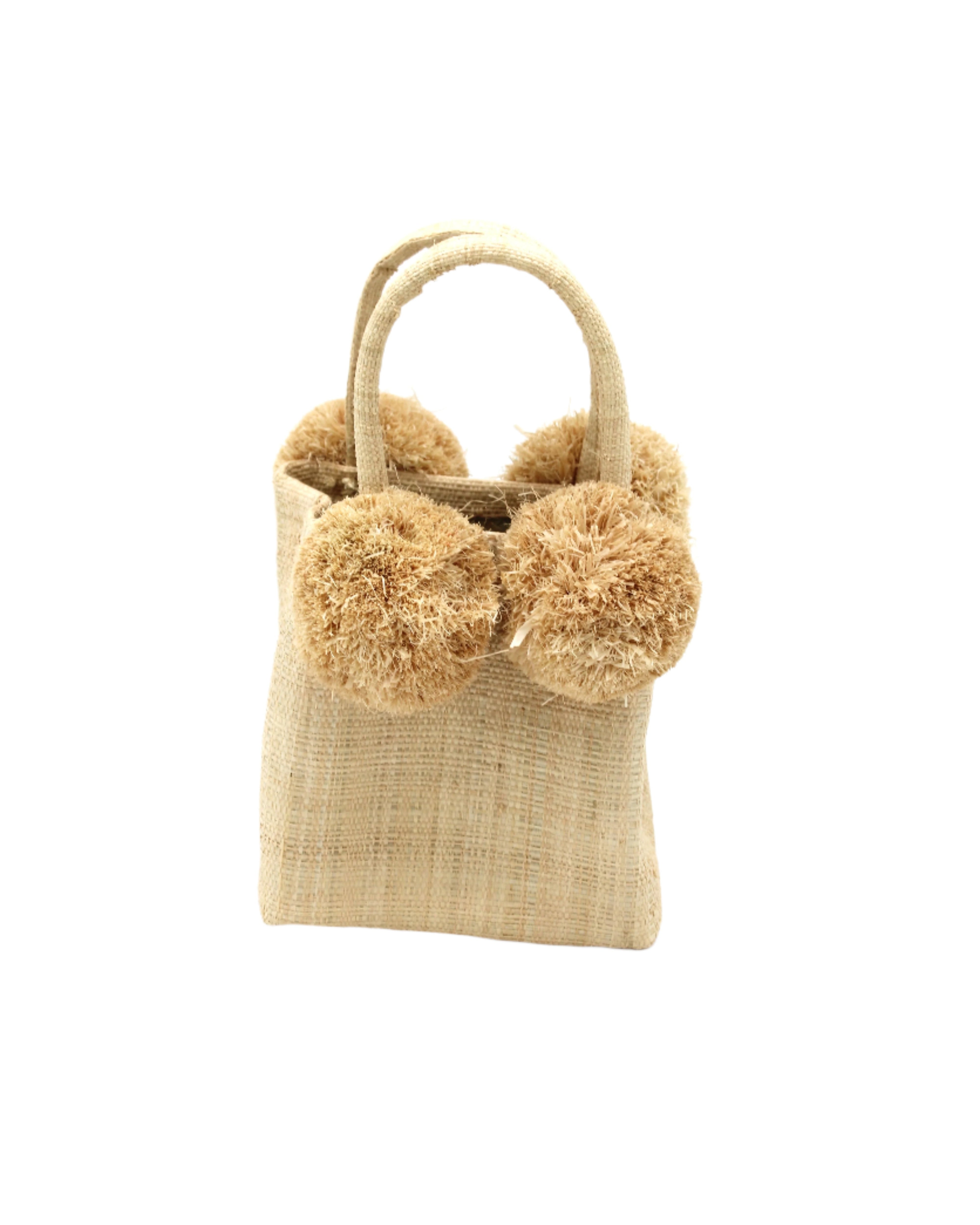 Schooner Straw Mini Bag with Pompom Accent handmade loomed natural raffia palm fiber in a solid hue of natural straw color with four matching raffia pompom embellishments at the base of each handle attachment tiny purse extra small handbag - Shebobo