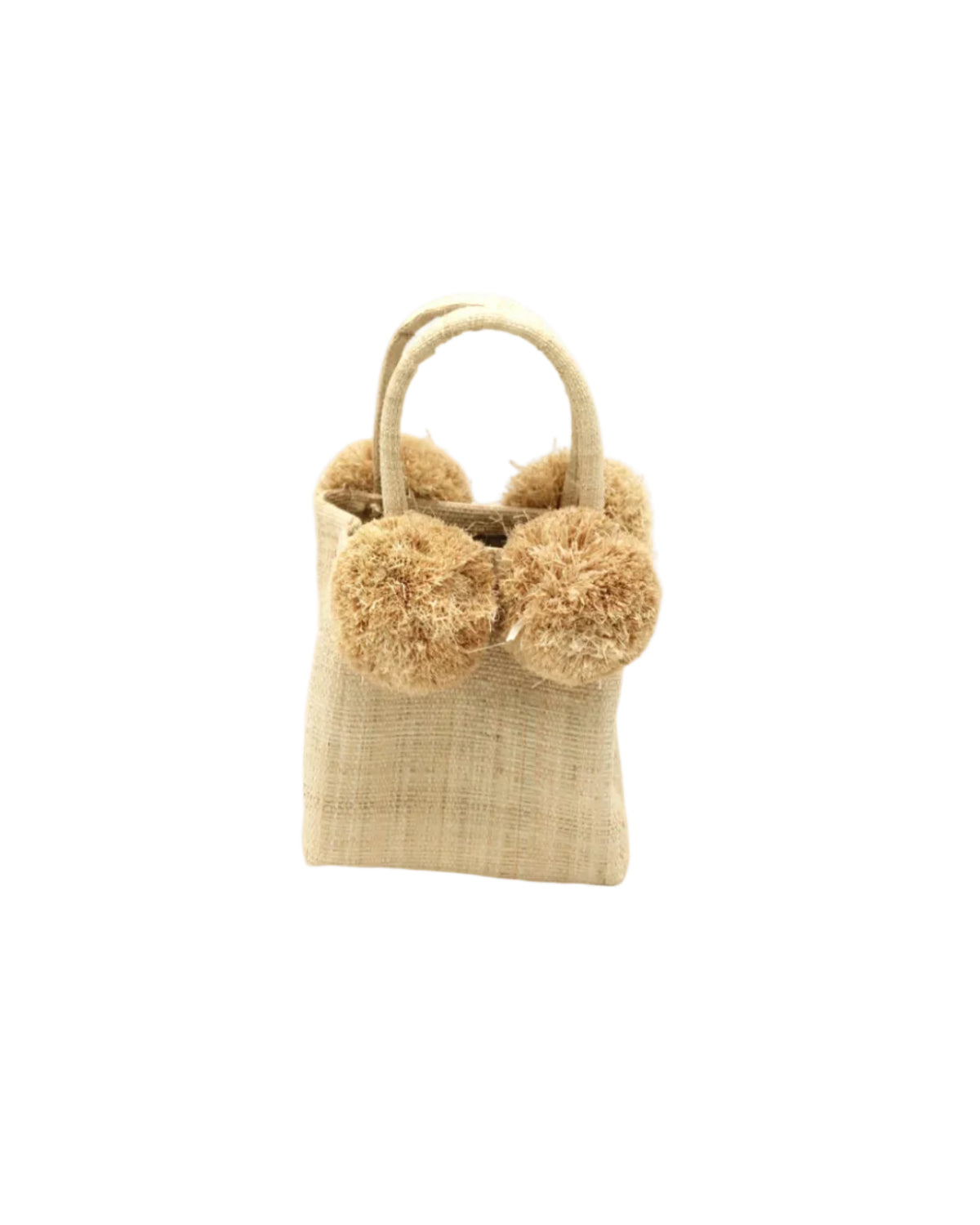 Schooner Straw Mini Bag with Pompom Accent handmade loomed natural raffia palm fiber in a solid hue of natural straw color with four matching raffia pompom embellishments at the base of each handle attachment tiny purse extra small handbag - Shebobo