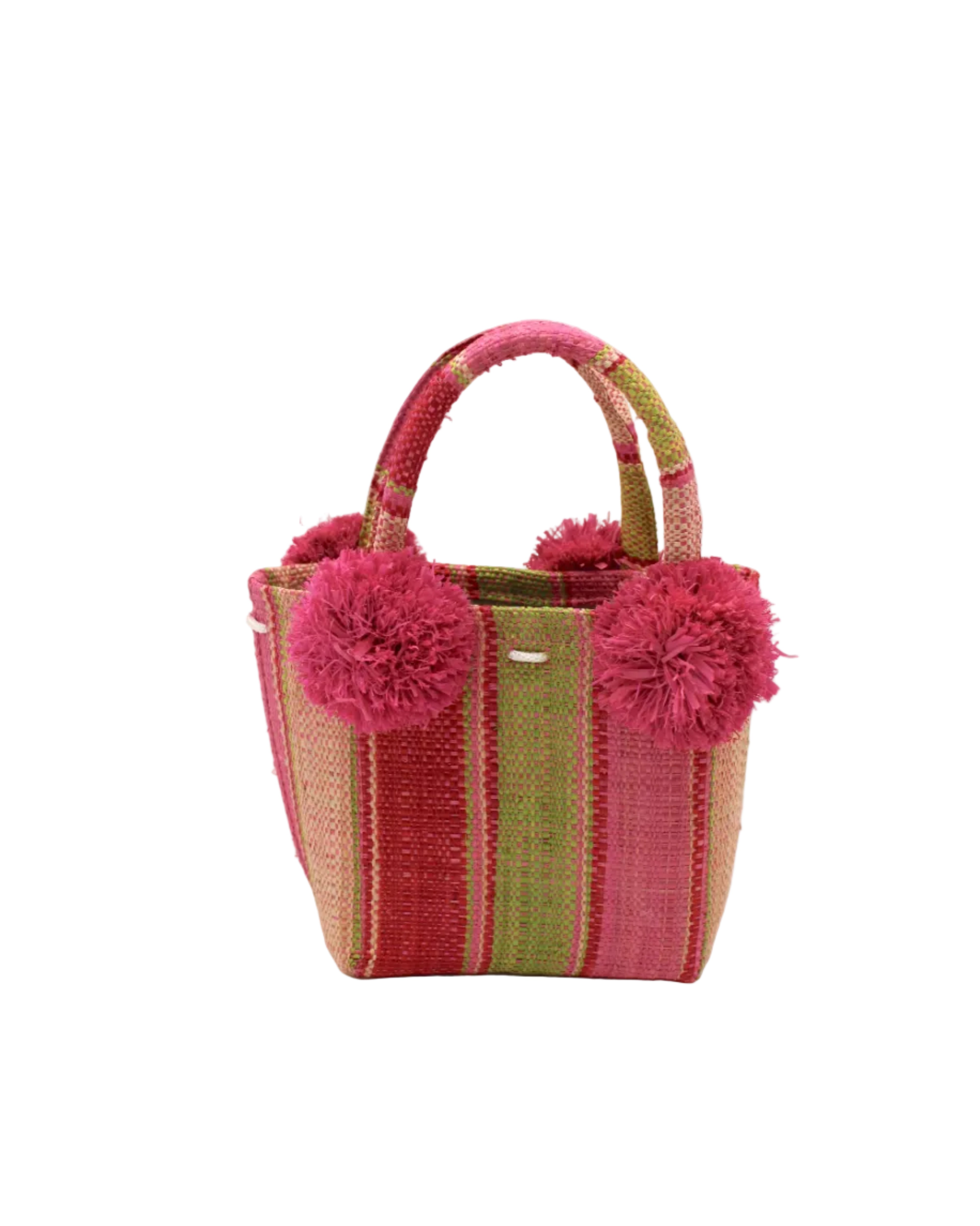 Schooner Pink & Midori Swirl Straw Mini Bag with Pompom Accent handmade loomed natural raffia palm fiber in multi width vertical multicolor stripe pattern of light pink, fuchsia, red, midori lime/green, and natural straw color with four matching raffia pompom embellishments at the base of each handle attachment tiny purse extra small handbag - Shebobo