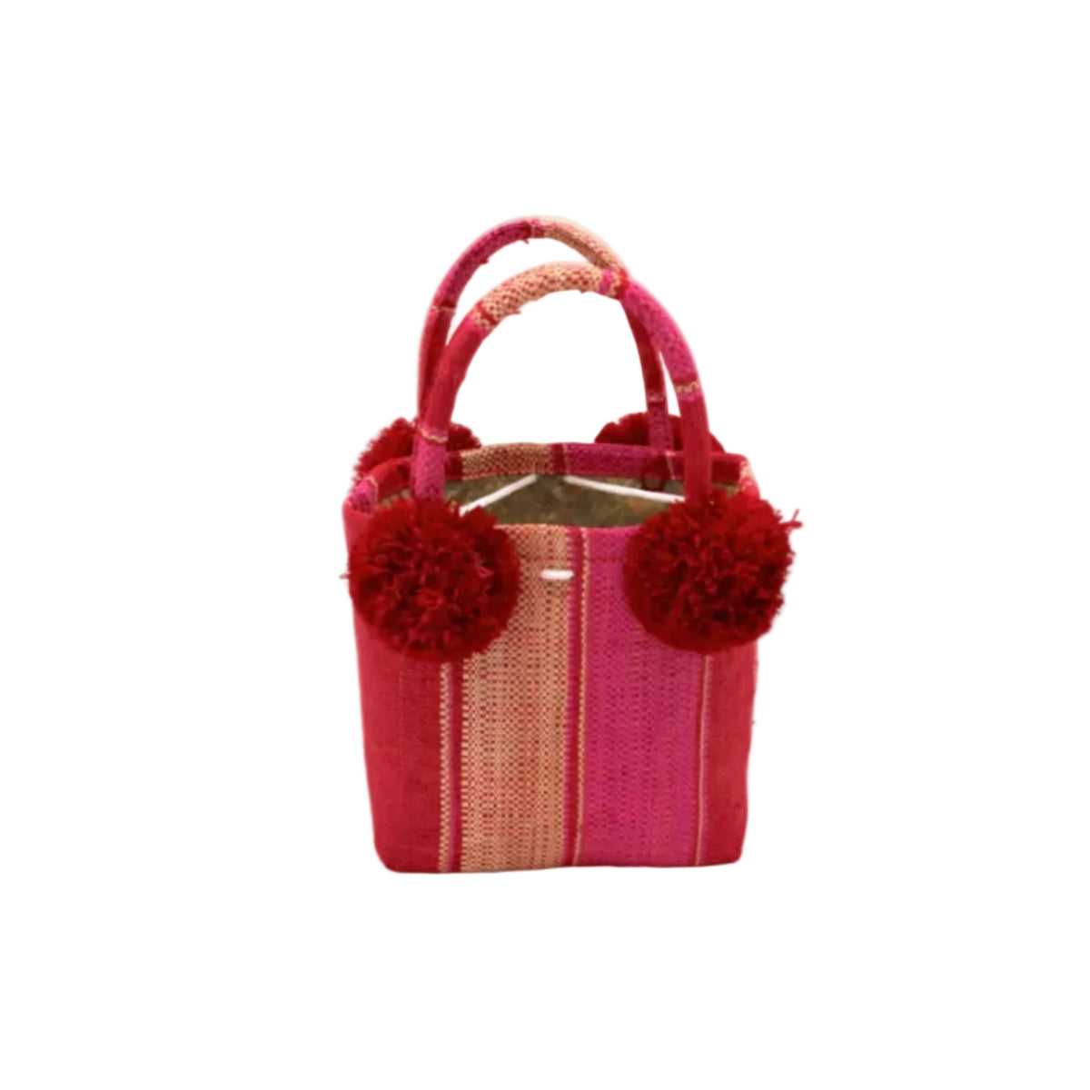 Schooner Pink & Red Swirl Straw Mini Bag with Pompom Accent handmade loomed natural raffia palm fiber in multi width vertical multicolor stripe pattern of fuchsia hot/bright/barbie/pink, red, and natural straw color with four matching raffia pompom embellishments at the base of each handle attachment tiny purse extra small handbag - Shebobo