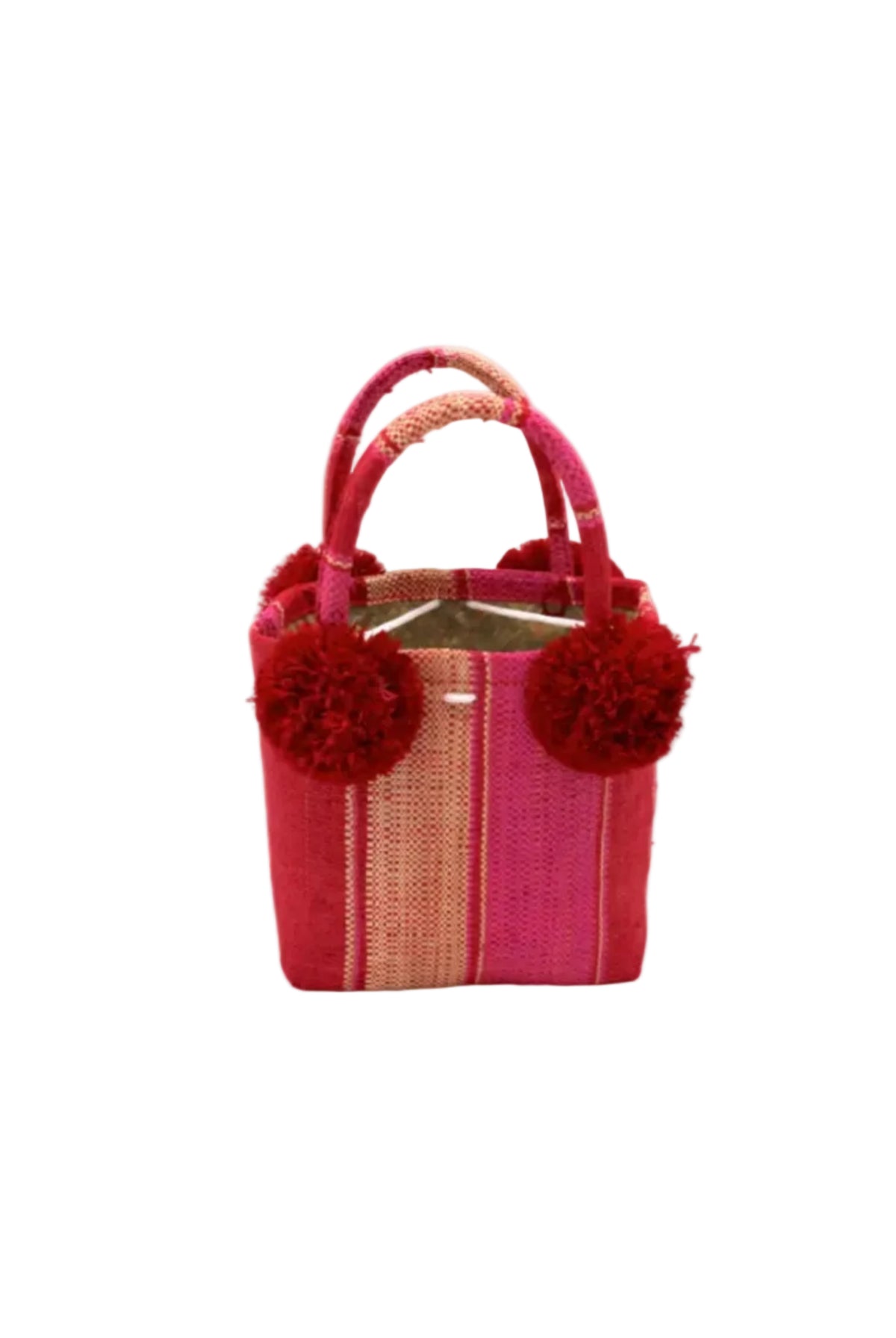 Schooner Pink & Red Swirl Straw Mini Bag with Pompom Accent handmade loomed natural raffia palm fiber in multi width vertical multicolor stripe pattern of fuchsia hot/bright/barbie/pink, red, and natural straw color with four matching raffia pompom embellishments at the base of each handle attachment tiny purse extra small handbag - Shebobo