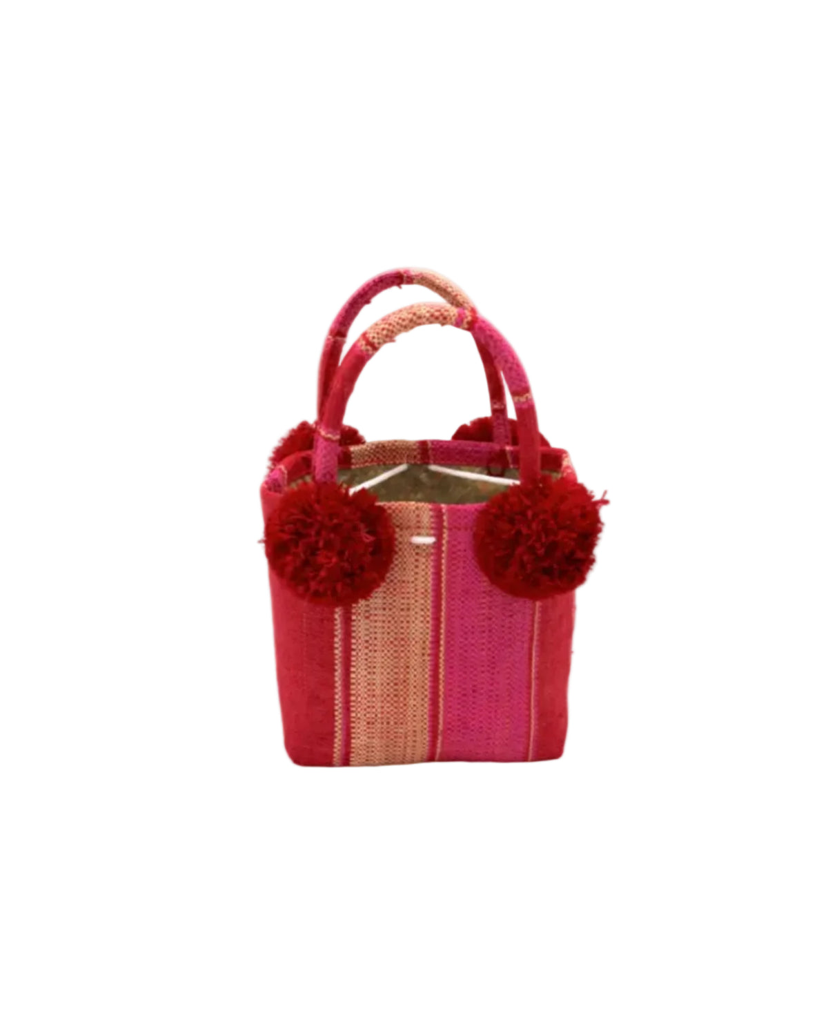 Schooner Pink & Red Swirl Straw Mini Bag with Pompom Accent handmade loomed natural raffia palm fiber in multi width vertical multicolor stripe pattern of fuchsia hot/bright/barbie/pink, red, and natural straw color with four matching raffia pompom embellishments at the base of each handle attachment tiny purse extra small handbag - Shebobo