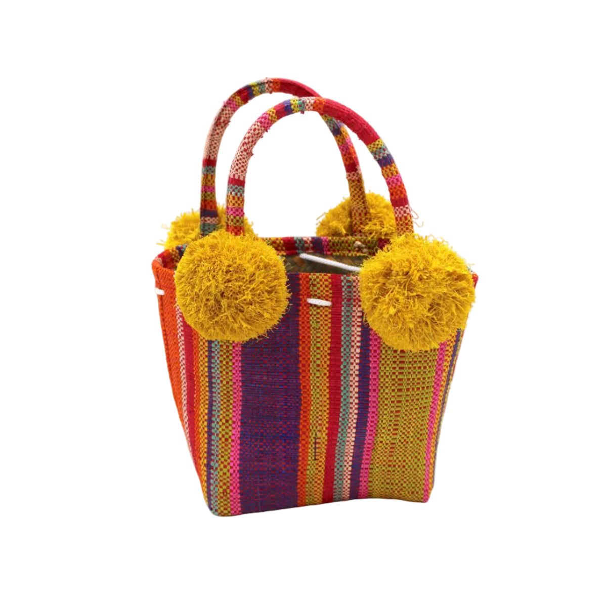Schooner Raspberry Swirl Straw Mini Bag with Pompom Accent handmade loomed natural raffia palm fiber in multi width vertical multicolor stripe pattern of light pink, red, yellow, purple, seafoam, lime green, fuchsia, orange, and natural straw color with four matching raffia pompom embellishments at the base of each handle attachment tiny purse extra small handbag - Shebobo