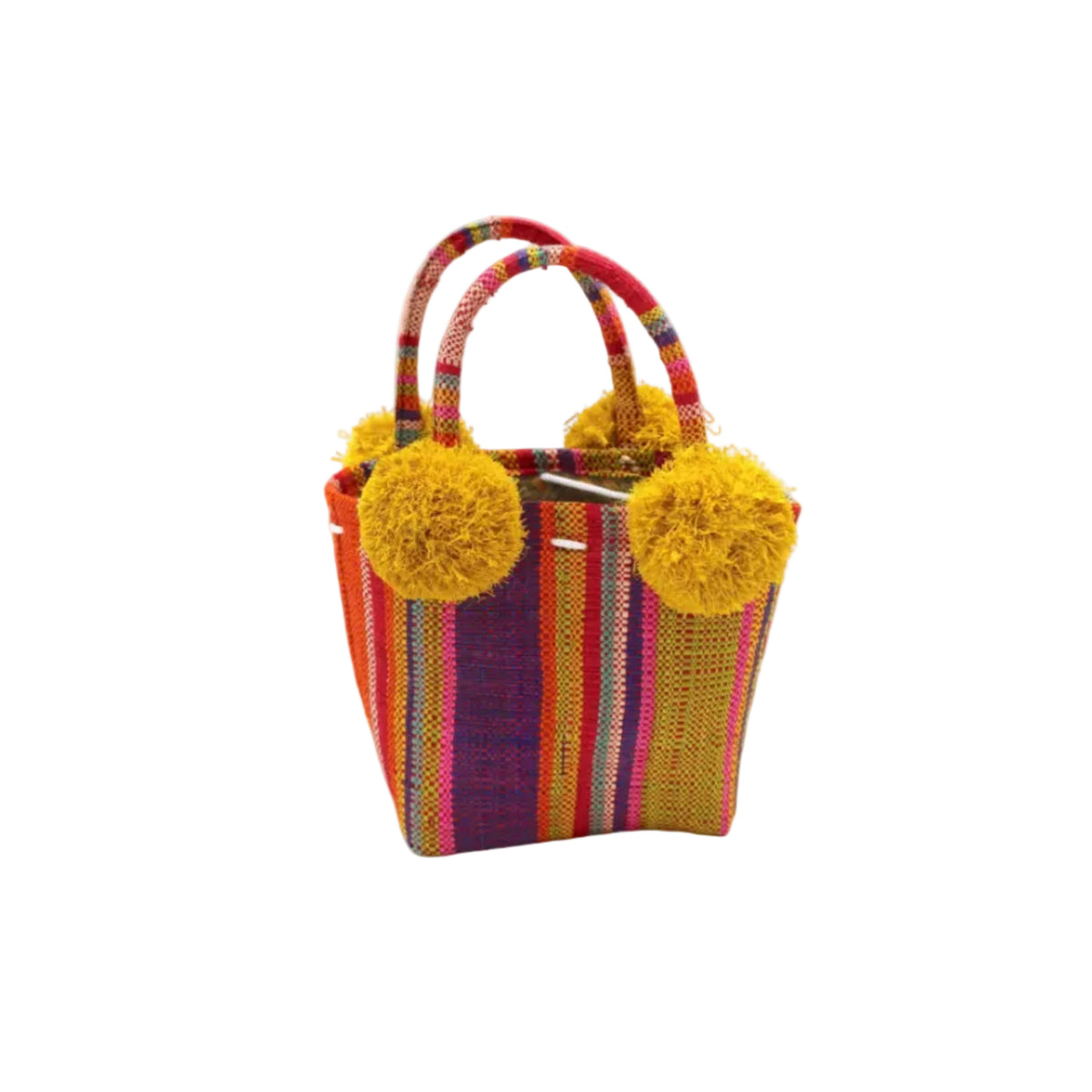 Schooner Raspberry Swirl Straw Mini Bag with Pompom Accent handmade loomed natural raffia palm fiber in multi width vertical multicolor stripe pattern of light pink, red, yellow, purple, seafoam, lime green, fuchsia, orange, and natural straw color with four matching raffia pompom embellishments at the base of each handle attachment tiny purse extra small handbag - Shebobo
