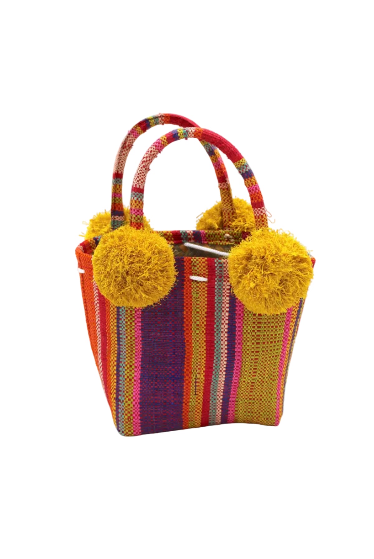 Schooner Raspberry Swirl Straw Mini Bag with Pompom Accent handmade loomed natural raffia palm fiber in multi width vertical multicolor stripe pattern of light pink, red, yellow, purple, seafoam, lime green, fuchsia, orange, and natural straw color with four matching raffia pompom embellishments at the base of each handle attachment tiny purse extra small handbag - Shebobo