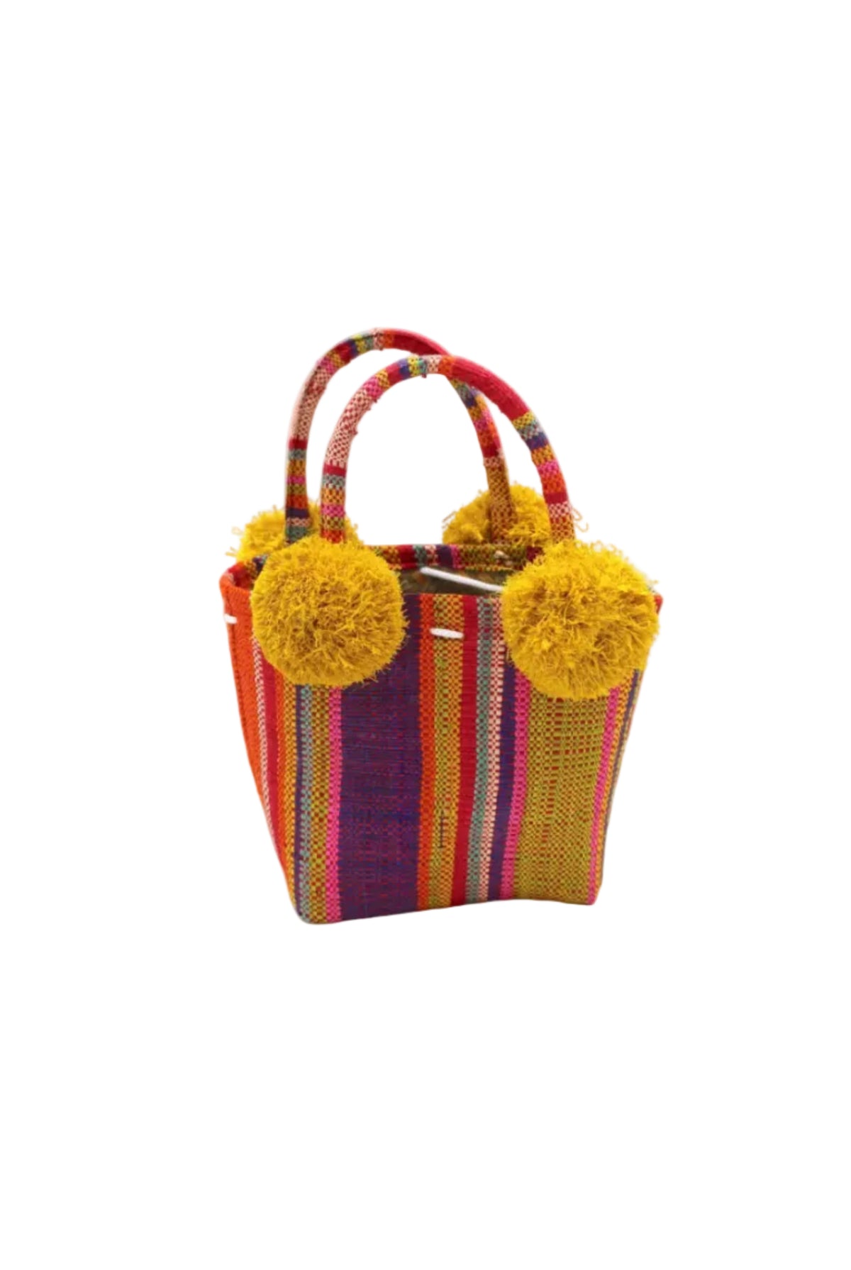 Schooner Raspberry Swirl Straw Mini Bag with Pompom Accent handmade loomed natural raffia palm fiber in multi width vertical multicolor stripe pattern of light pink, red, yellow, purple, seafoam, lime green, fuchsia, orange, and natural straw color with four matching raffia pompom embellishments at the base of each handle attachment tiny purse extra small handbag - Shebobo