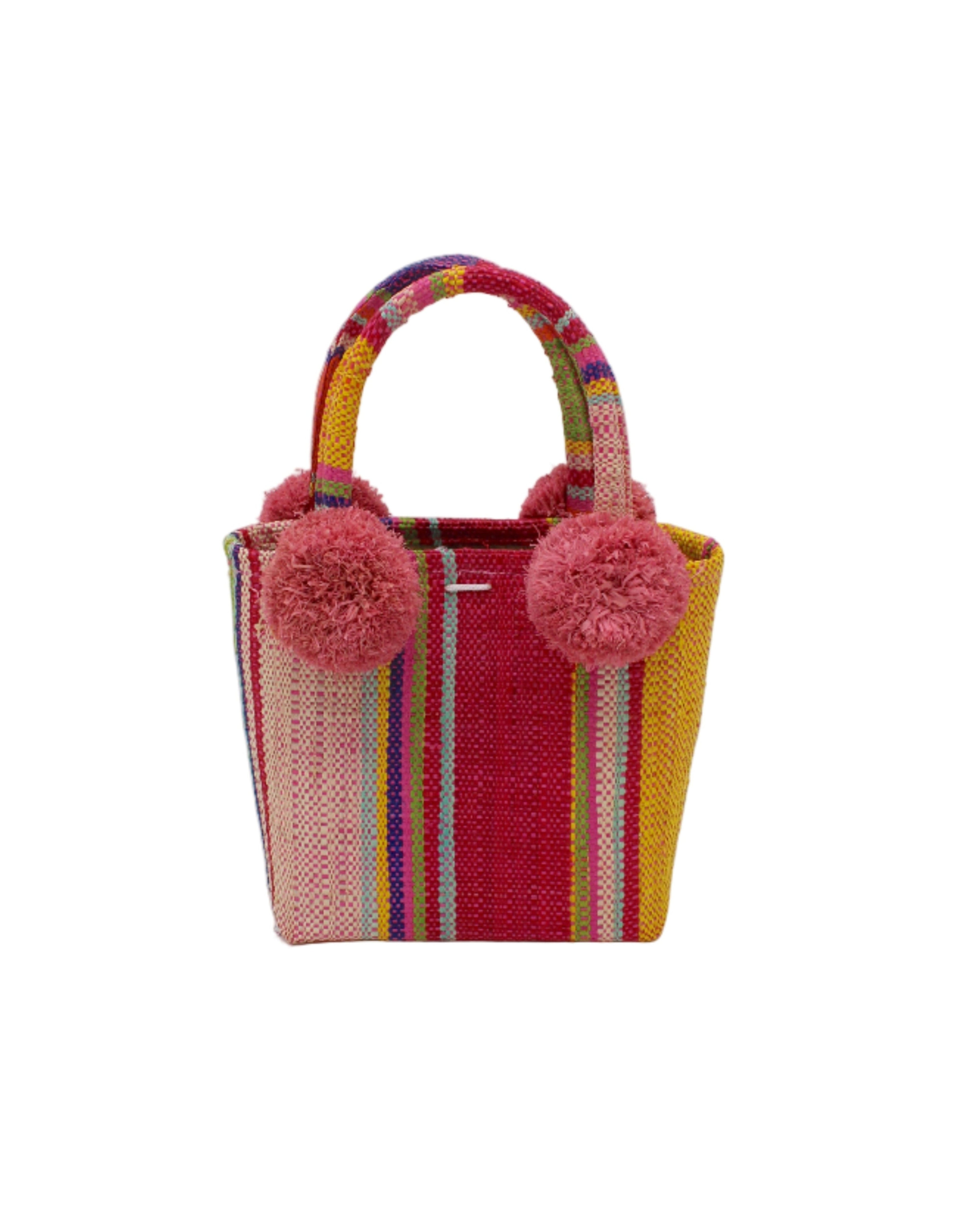 Schooner Raspberry Swirl Straw Mini Bag with Pompom Accent handmade loomed natural raffia palm fiber in multi width vertical multicolor stripe pattern of light pink, red, yellow, purple, seafoam, lime green, fuchsia, orange, and natural straw color with four matching raffia pompom embellishments at the base of each handle attachment tiny purse extra small handbag - Shebobo