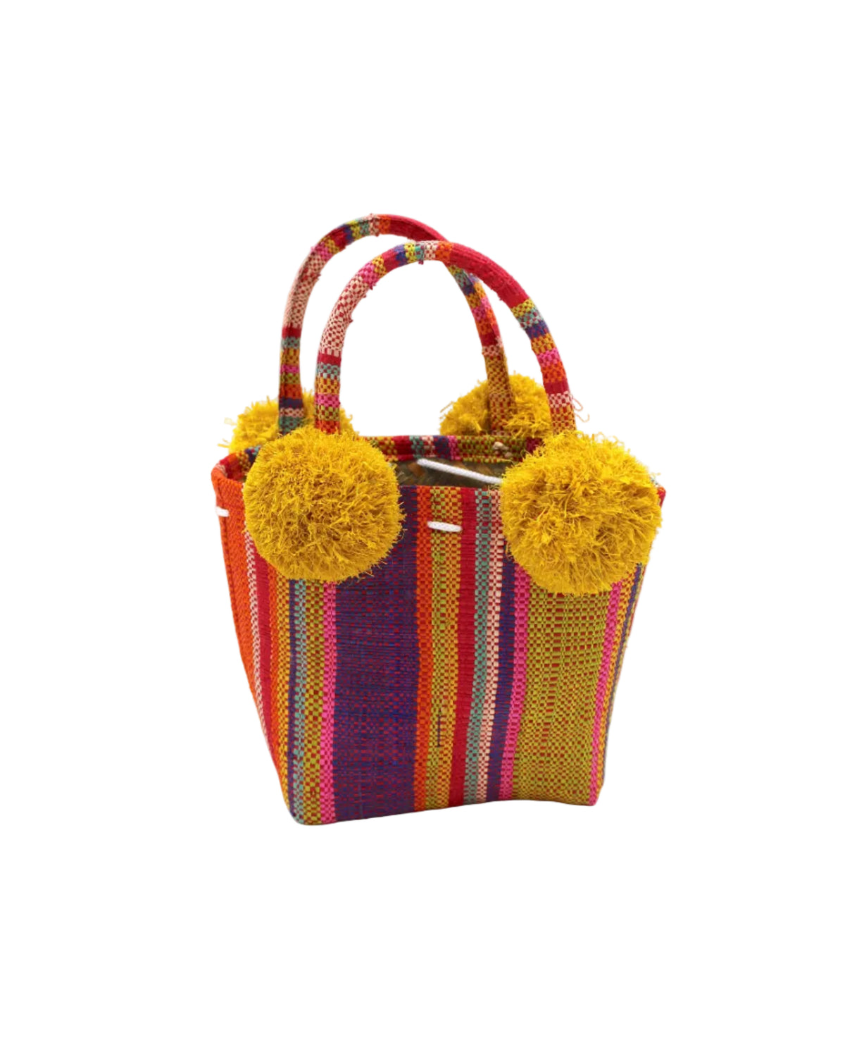 Schooner Raspberry Swirl Straw Mini Bag with Pompom Accent handmade loomed natural raffia palm fiber in multi width vertical multicolor stripe pattern of light pink, red, yellow, purple, seafoam, lime green, fuchsia, orange, and natural straw color with four matching raffia pompom embellishments at the base of each handle attachment tiny purse extra small handbag - Shebobo