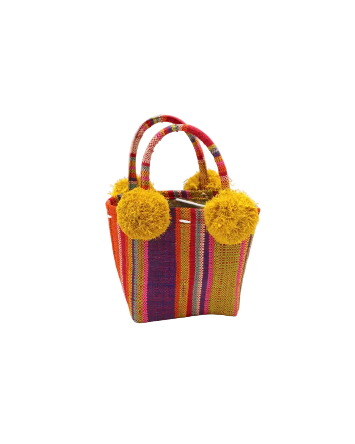 Schooner Raspberry Swirl Straw Mini Bag with Pompom Accent handmade loomed natural raffia palm fiber in multi width vertical multicolor stripe pattern of light pink, red, yellow, purple, seafoam, lime green, fuchsia, orange, and natural straw color with four matching raffia pompom embellishments at the base of each handle attachment tiny purse extra small handbag - Shebobo