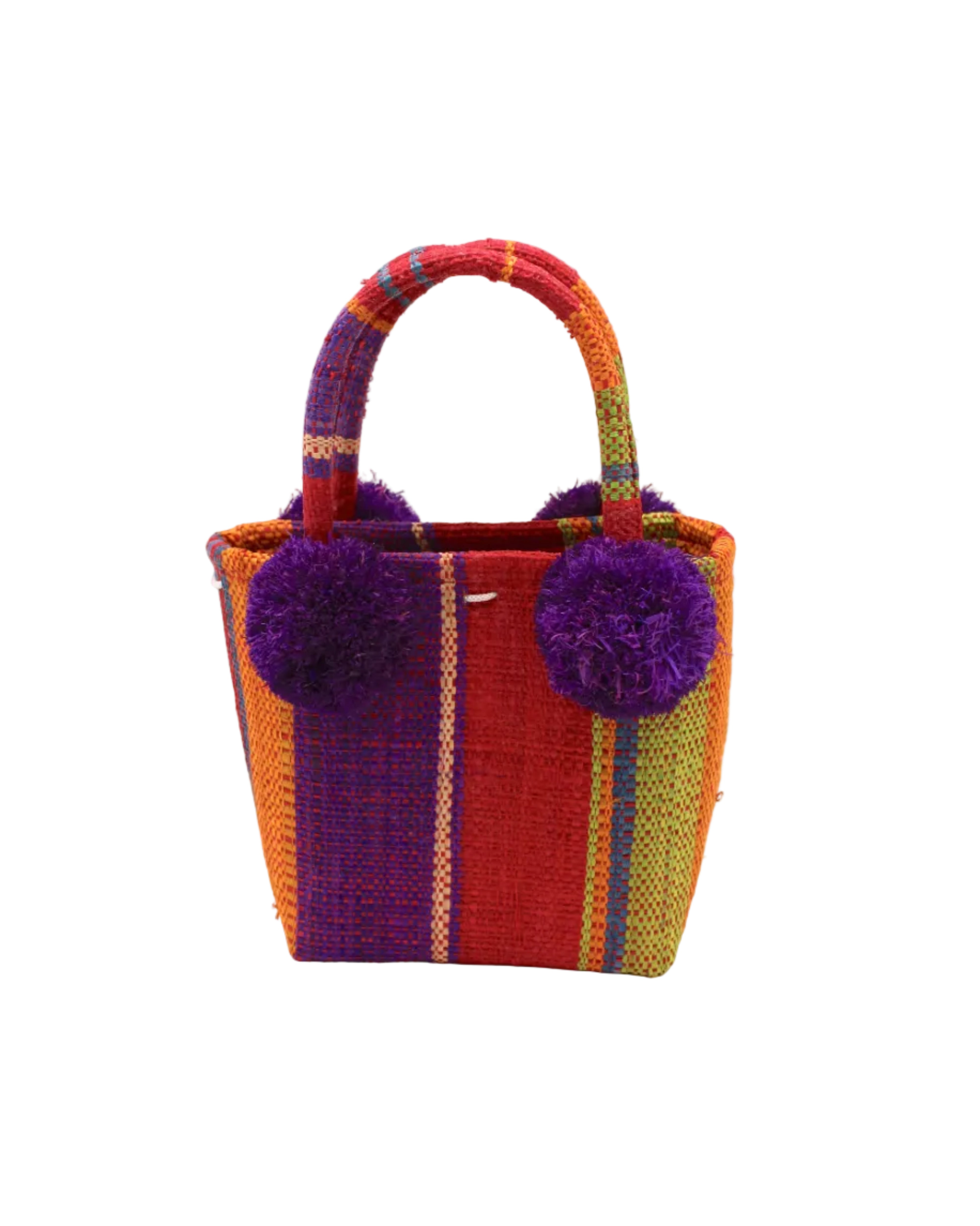 Schooner Sangria Swirl Straw Mini Bag with Pompom Accent handmade loomed natural raffia palm fiber in multi width vertical multicolor stripe pattern of purple, orange, red, blue, white, yellow, green, etc. with four matching raffia pompom embellishments at the base of each handle attachment tiny purse extra small handbag - Shebobo