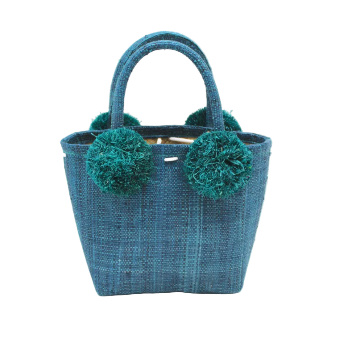 Schooner Straw Mini Bag with Pompom Accent handmade loomed natural raffia palm fiber in a solid hue of Turquoise blue/green with four matching raffia pompom embellishments at the base of each handle attachment tiny purse extra small handbag - Shebobo