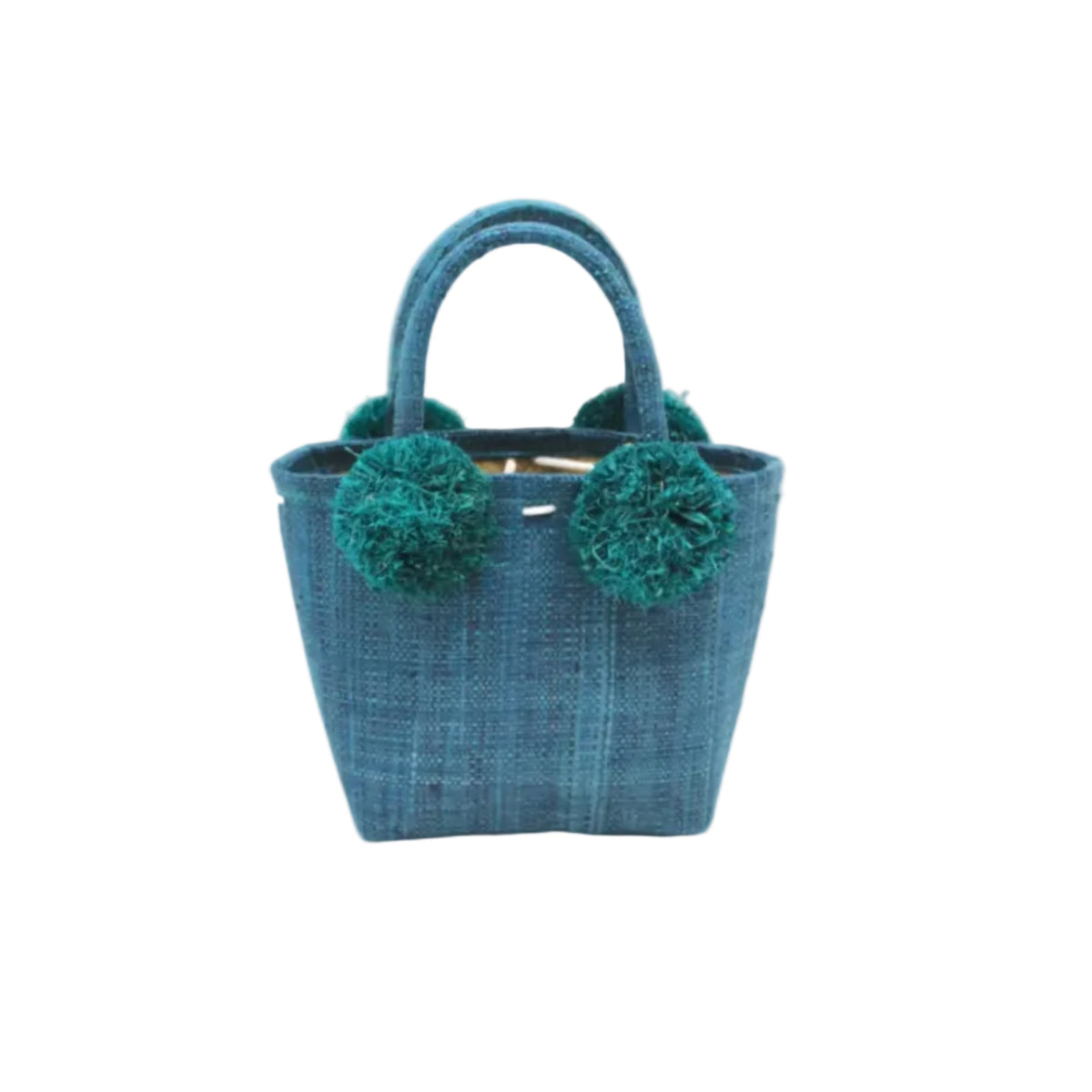 Schooner Straw Mini Bag with Pompom Accent handmade loomed natural raffia palm fiber in a solid hue of Turquoise blue/green with four matching raffia pompom embellishments at the base of each handle attachment tiny purse extra small handbag - Shebobo