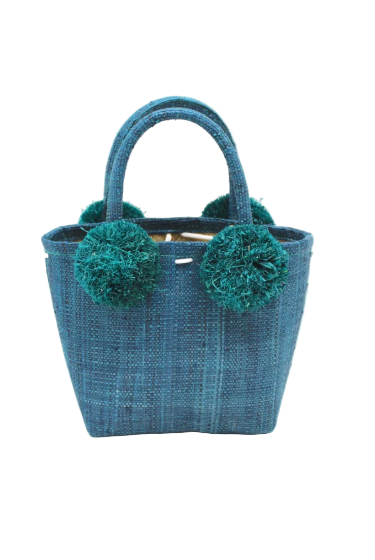 Schooner Straw Mini Bag with Pompom Accent handmade loomed natural raffia palm fiber in a solid hue of Turquoise blue/green with four matching raffia pompom embellishments at the base of each handle attachment tiny purse extra small handbag - Shebobo