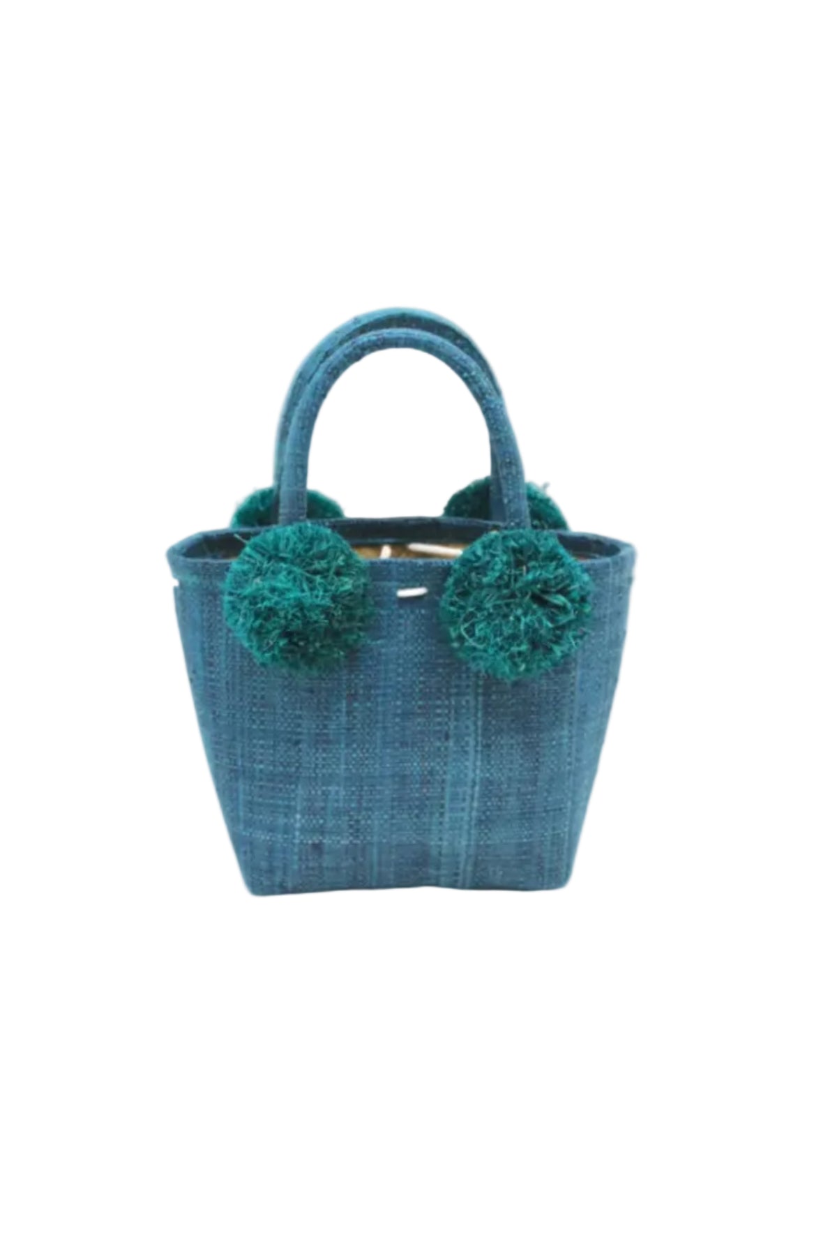 Schooner Straw Mini Bag with Pompom Accent handmade loomed natural raffia palm fiber in a solid hue of Turquoise blue/green with four matching raffia pompom embellishments at the base of each handle attachment tiny purse extra small handbag - Shebobo