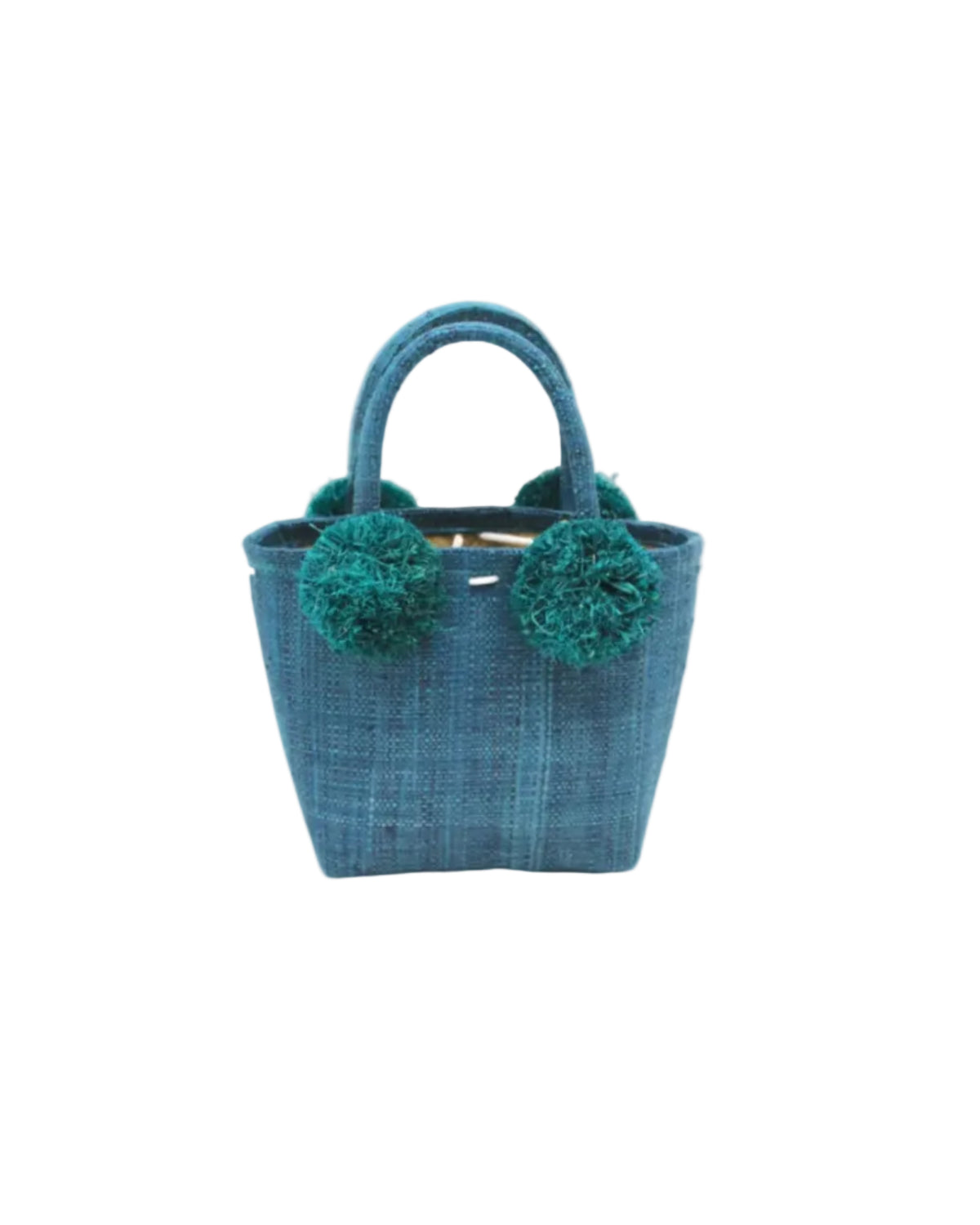 Schooner Straw Mini Bag with Pompom Accent handmade loomed natural raffia palm fiber in a solid hue of Turquoise blue/green with four matching raffia pompom embellishments at the base of each handle attachment tiny purse extra small handbag - Shebobo