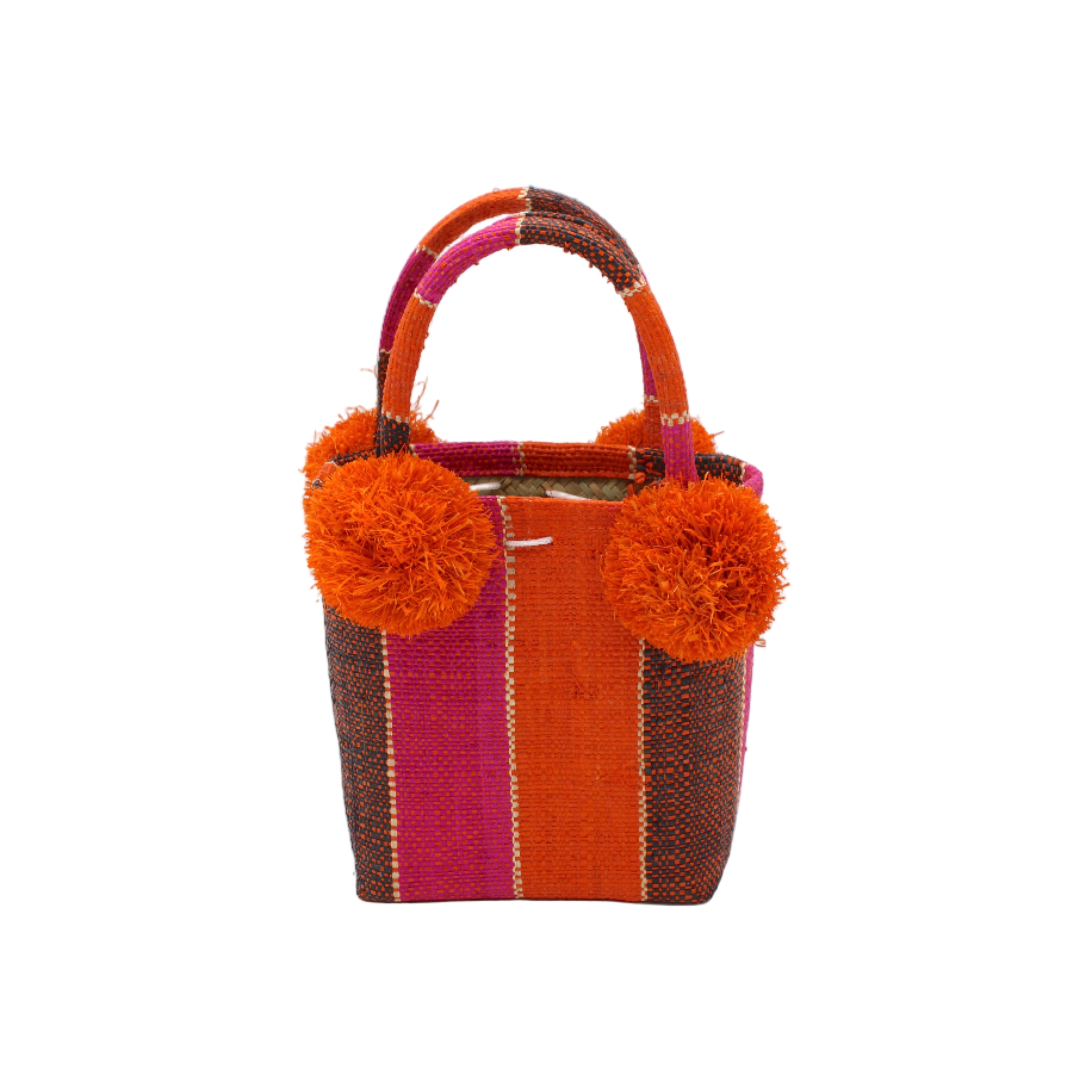 Schooner Whimsy Swirl Straw Mini Bag with Pompom Accent handmade loomed natural raffia palm fiber in multi width vertical multicolor stripe pattern of fuchsia hot/bright/barbie/pink, coral orange/red, black, and natural straw color with four matching raffia pompom embellishments at the base of each handle attachment tiny purse extra small handbag - Shebobo