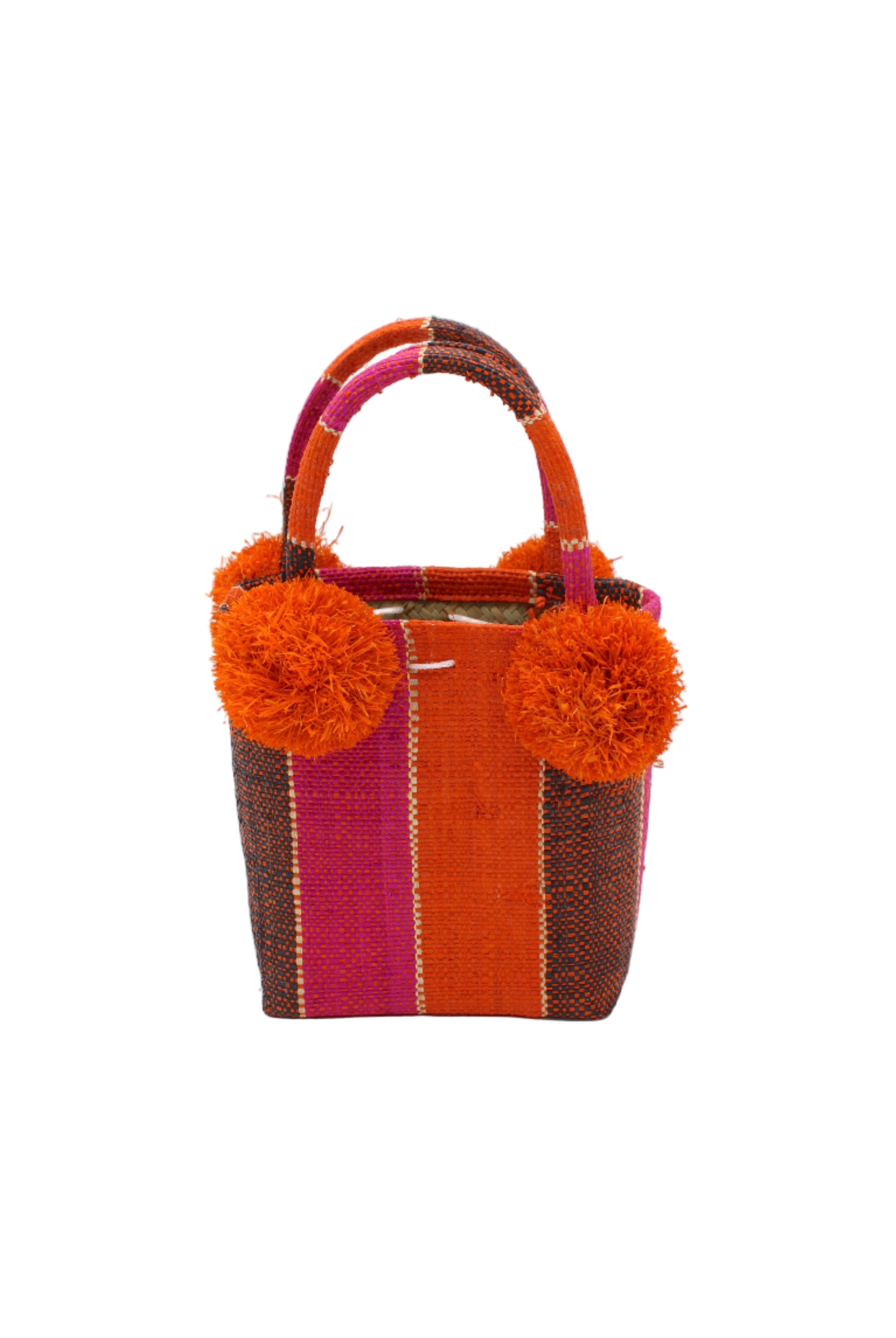 Schooner Whimsy Swirl Straw Mini Bag with Pompom Accent handmade loomed natural raffia palm fiber in multi width vertical multicolor stripe pattern of fuchsia hot/bright/barbie/pink, coral orange/red, black, and natural straw color with four matching raffia pompom embellishments at the base of each handle attachment tiny purse extra small handbag - Shebobo