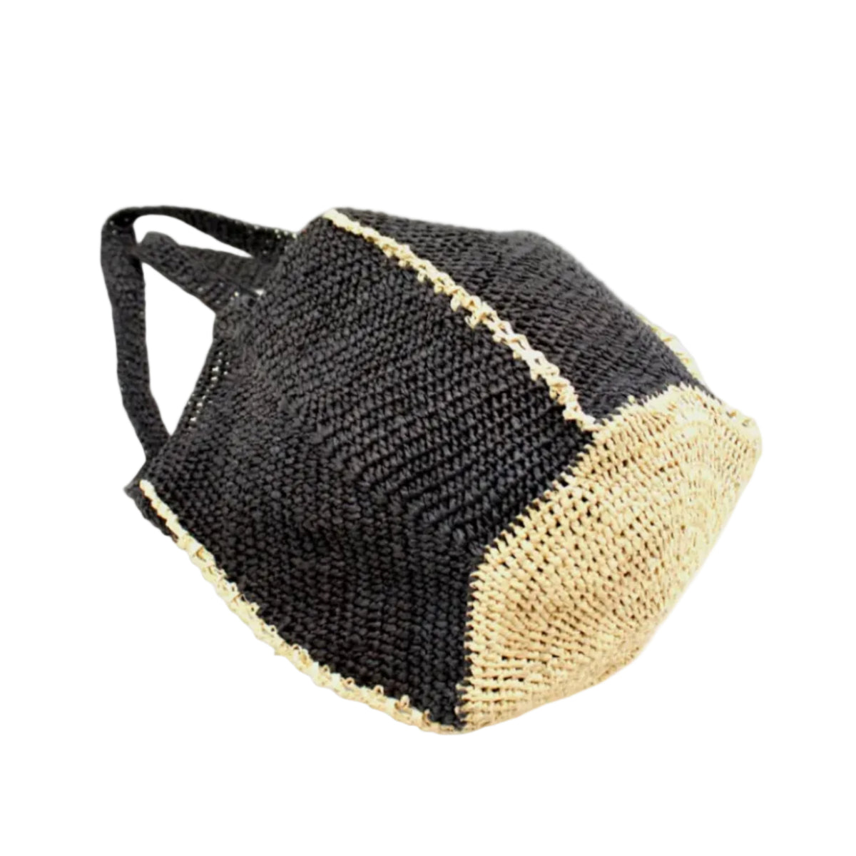 Sea See Black Straw Shoulder Bag handmade woven raffia palm fiber in a solid hue of black making a diagonal link pattern with natural straw color crochet circular bottom and vertical edging along the side panels creating a two tone multicolor handbag/beach bag/purse - Shebobo