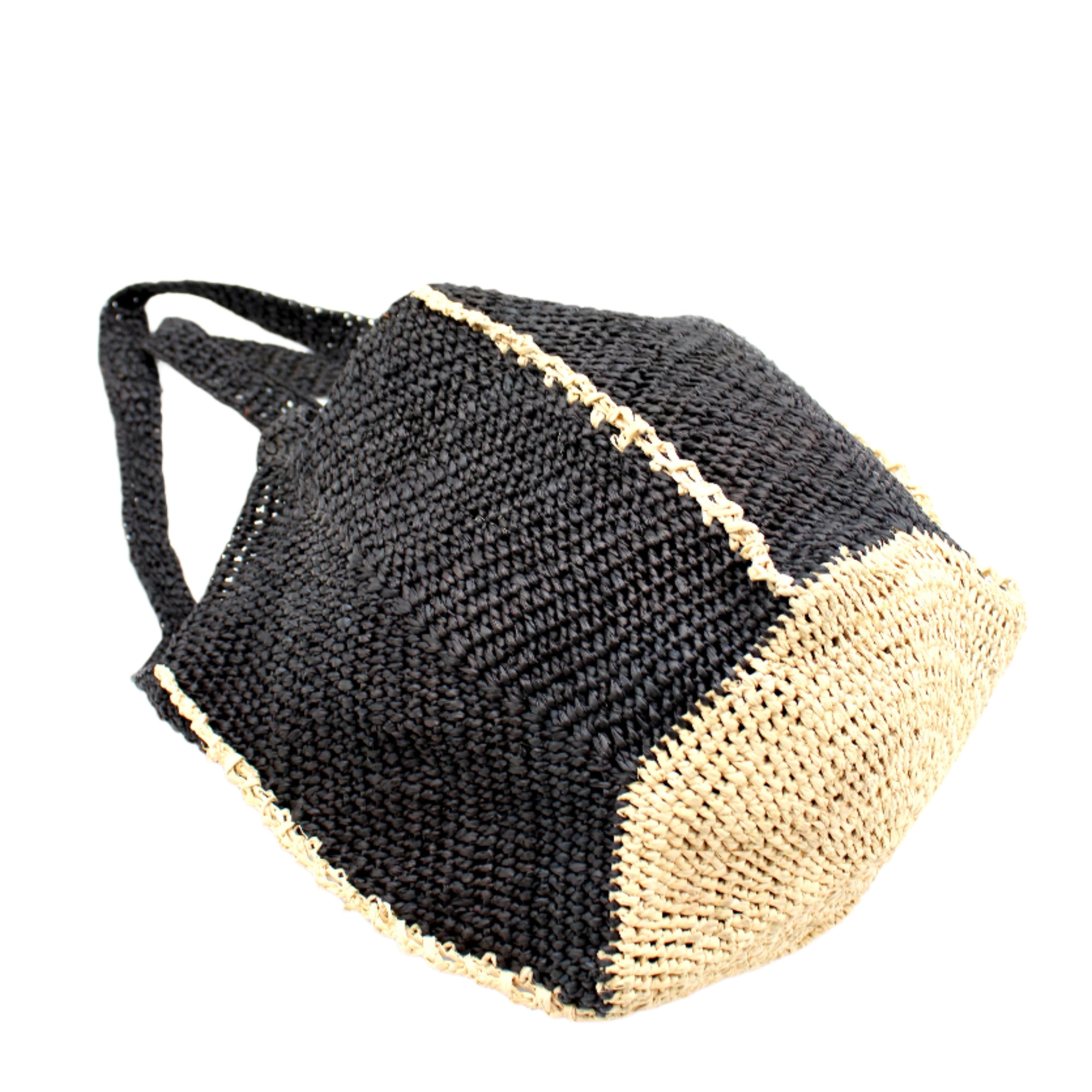 Bottom View Sea See Black Straw Shoulder Bag handmade woven raffia palm fiber in a solid hue of black making a diagonal link pattern with natural straw color crochet circular bottom and vertical edging along the side panels creating a two tone multicolor handbag/beach bag/purse - Shebobo