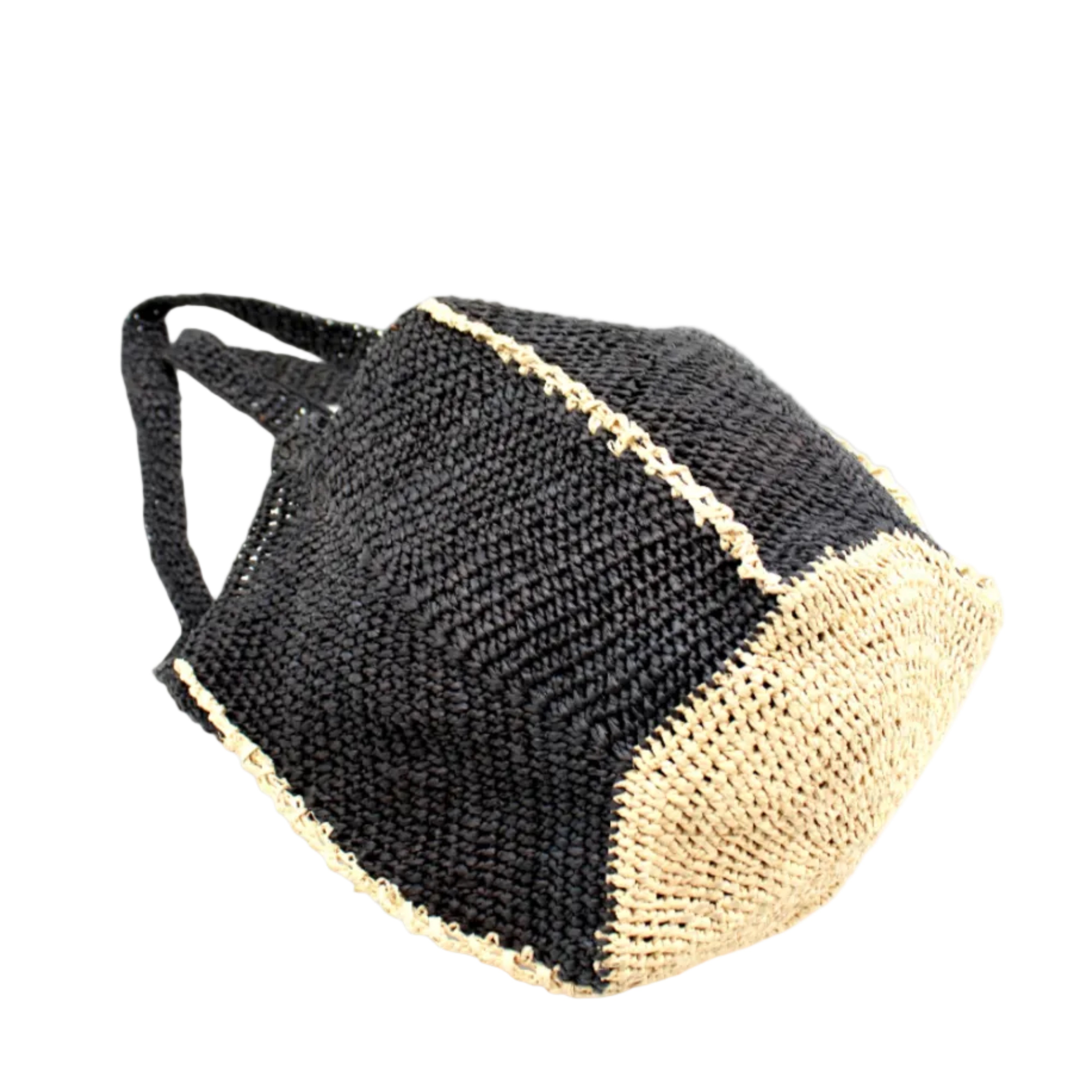 Bottom View Sea See Black Straw Shoulder Bag handmade woven raffia palm fiber in a solid hue of black making a diagonal link pattern with natural straw color crochet circular bottom and vertical edging along the side panels creating a two tone multicolor handbag/beach bag/purse - Shebobo