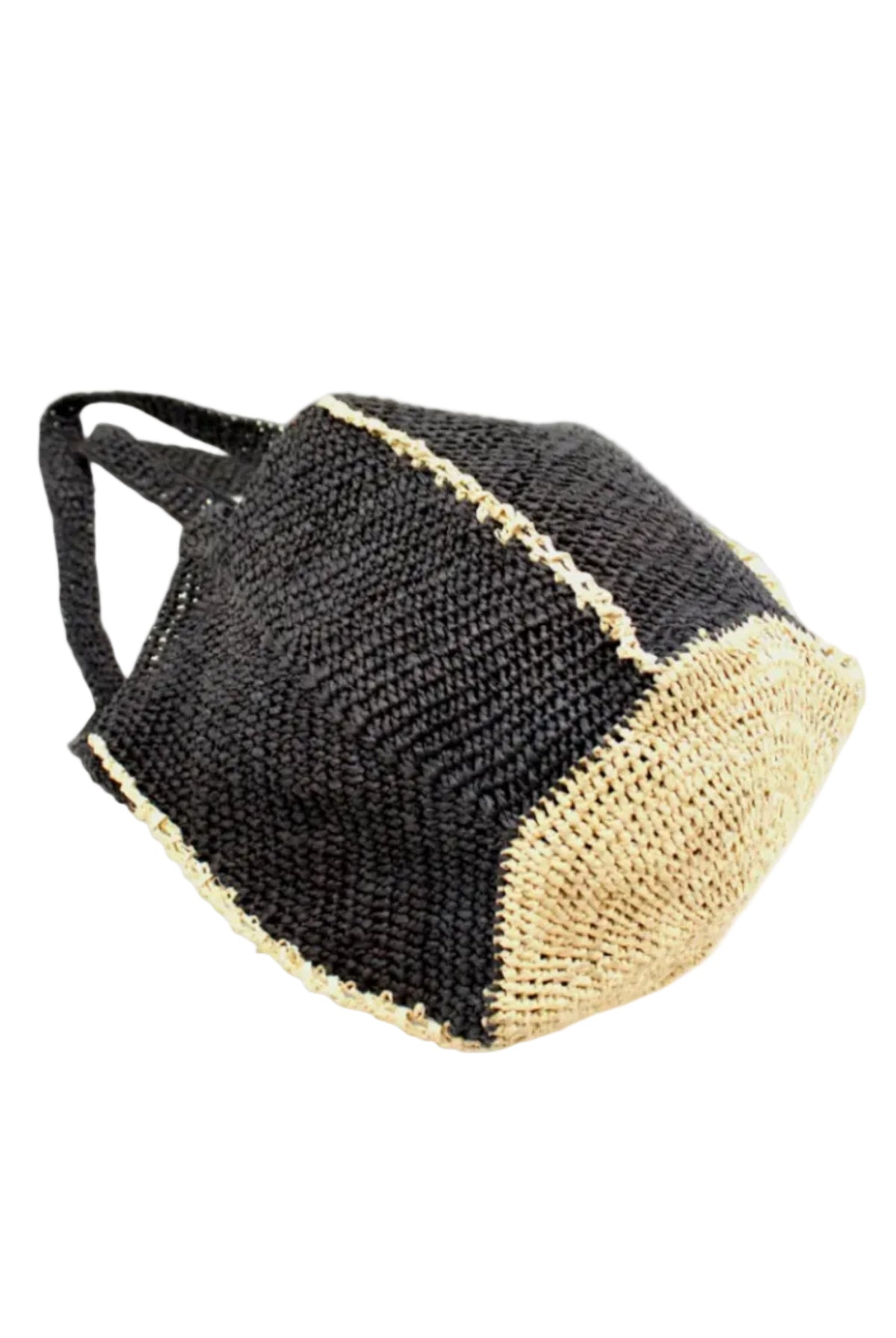 Sea See Black Straw Shoulder Bag handmade woven raffia palm fiber in a solid hue of black making a diagonal link pattern with natural straw color crochet circular bottom and vertical edging along the side panels creating a two tone multicolor handbag/beach bag/purse - Shebobo