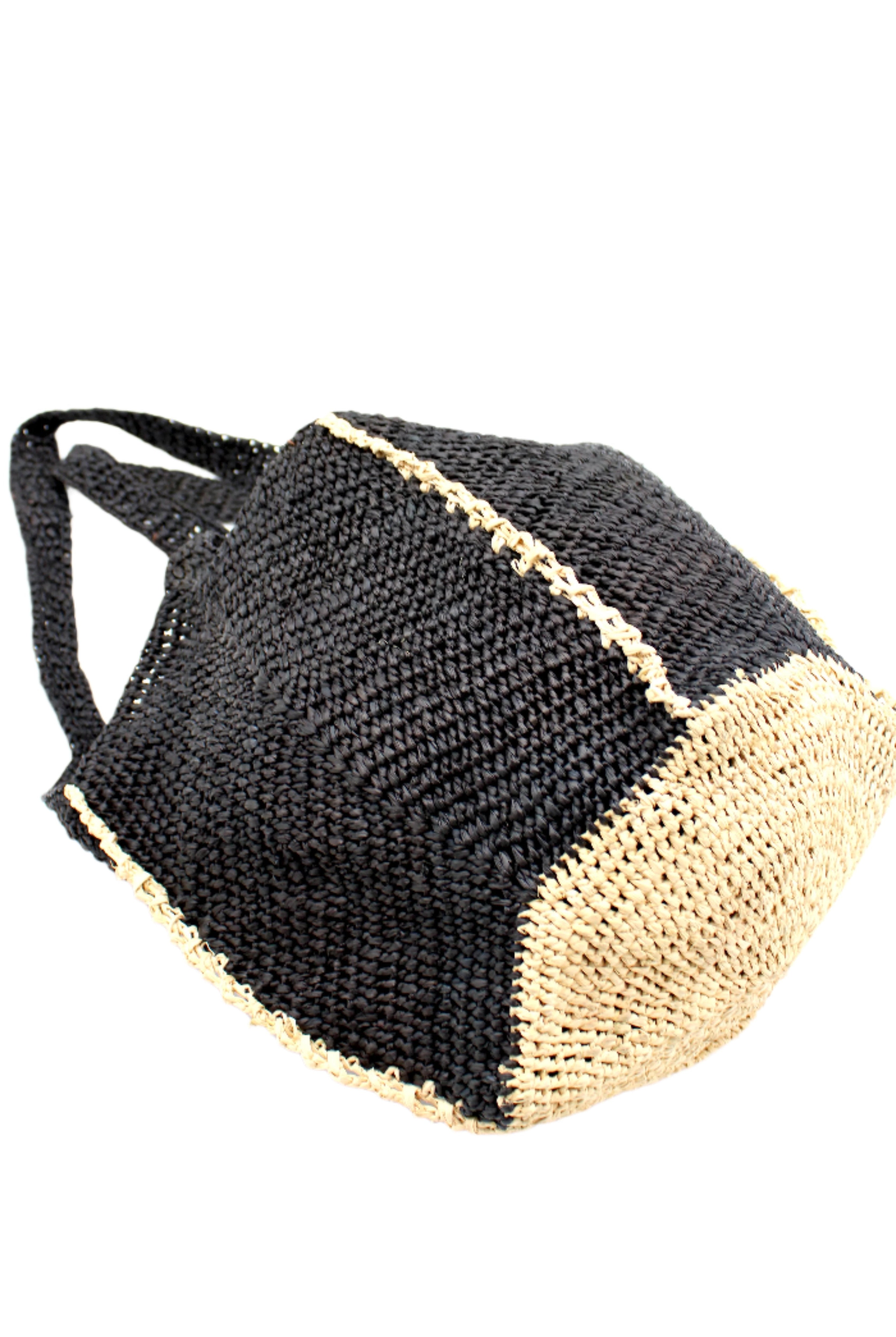 Bottom View Sea See Black Straw Shoulder Bag handmade woven raffia palm fiber in a solid hue of black making a diagonal link pattern with natural straw color crochet circular bottom and vertical edging along the side panels creating a two tone multicolor handbag/beach bag/purse - Shebobo