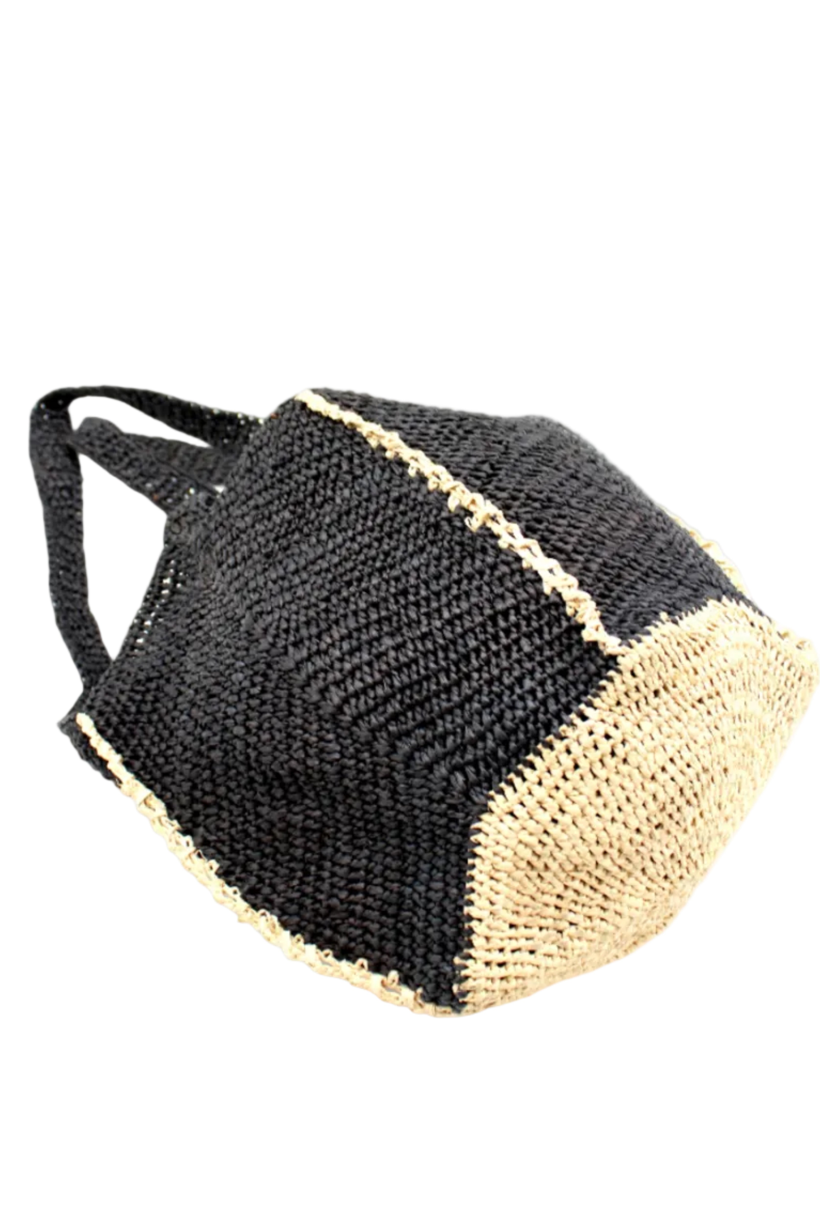 Bottom View Sea See Black Straw Shoulder Bag handmade woven raffia palm fiber in a solid hue of black making a diagonal link pattern with natural straw color crochet circular bottom and vertical edging along the side panels creating a two tone multicolor handbag/beach bag/purse - Shebobo