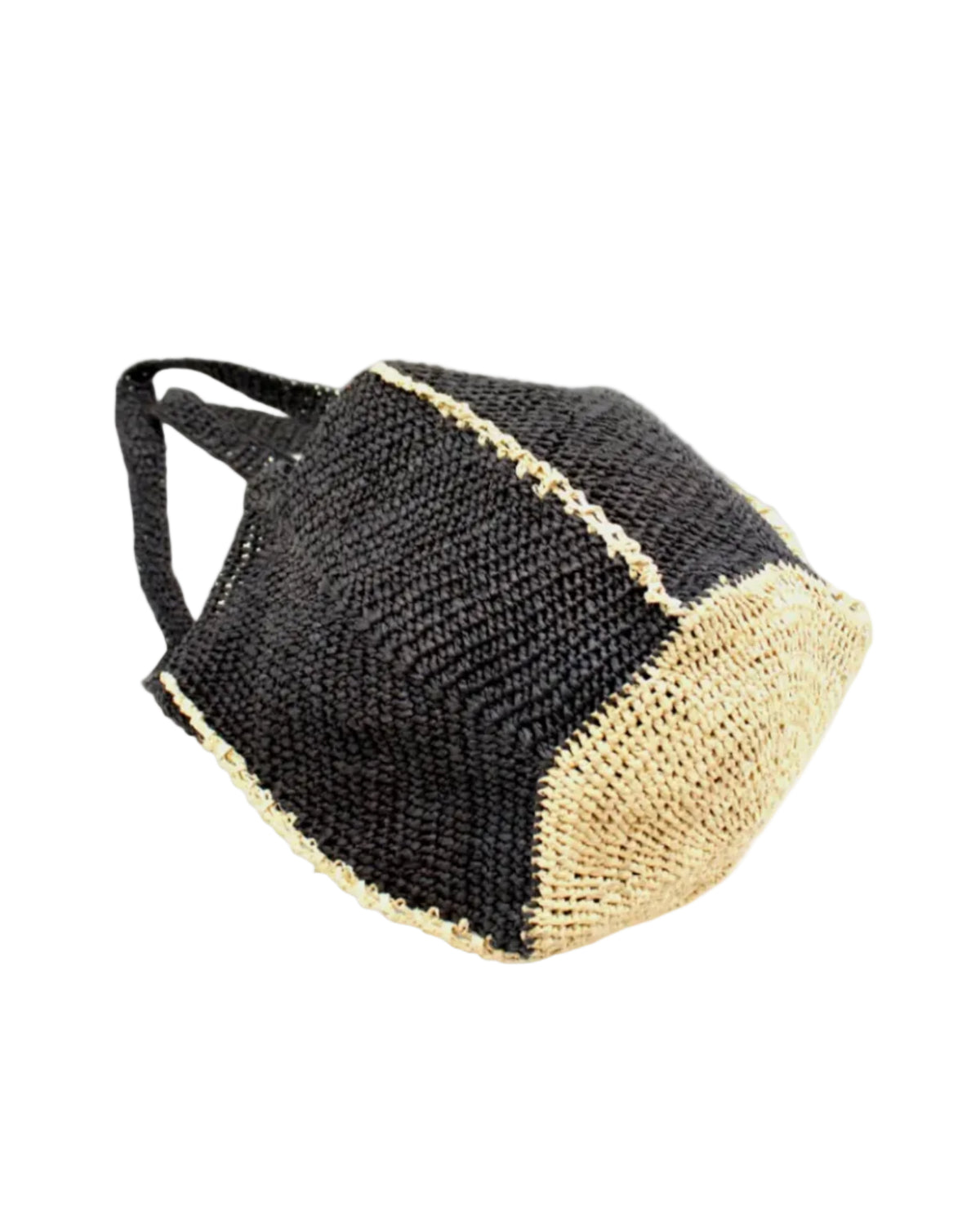 Sea See Black Straw Shoulder Bag handmade woven raffia palm fiber in a solid hue of black making a diagonal link pattern with natural straw color crochet circular bottom and vertical edging along the side panels creating a two tone multicolor handbag/beach bag/purse - Shebobo