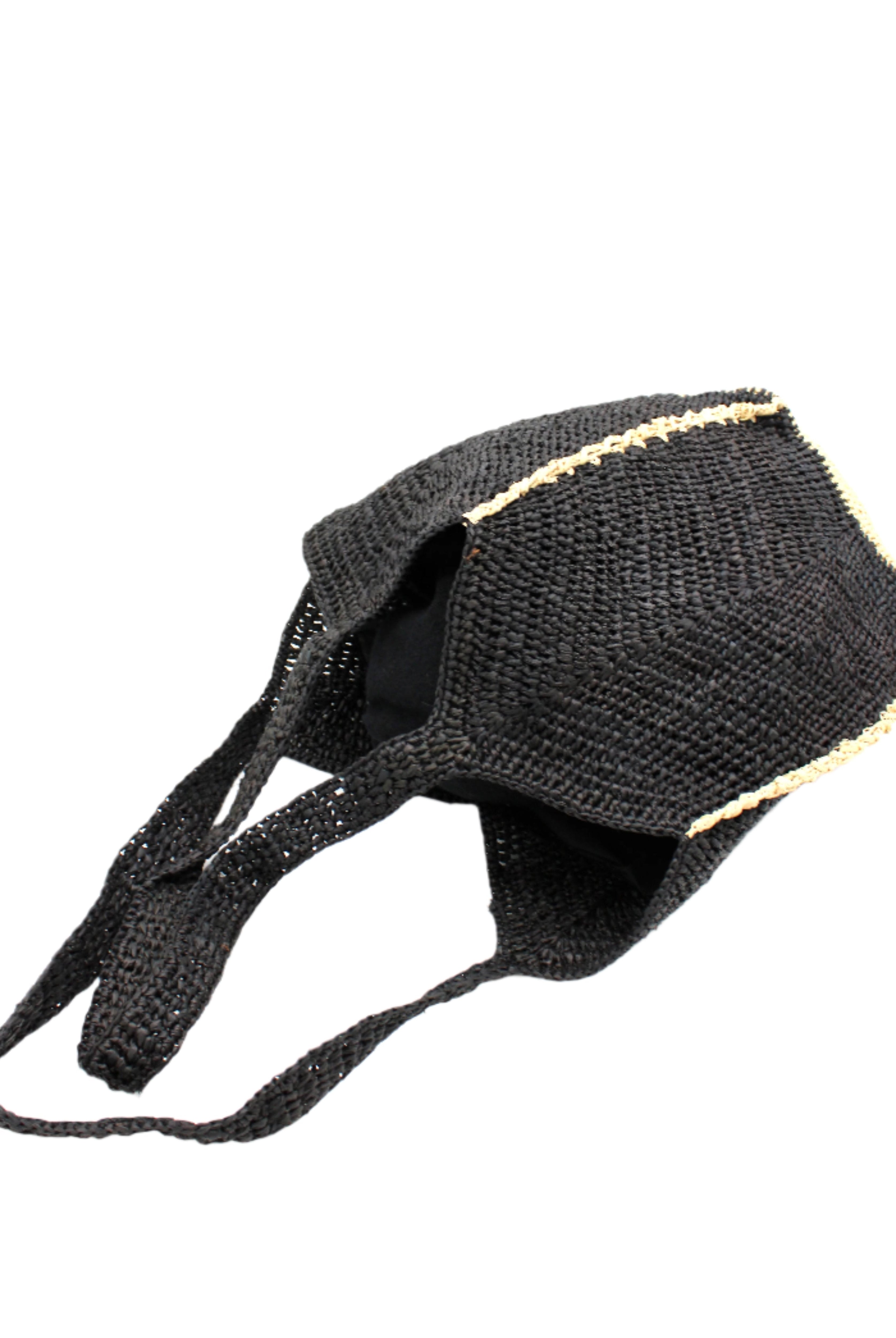 Sea See Black Straw Shoulder Bag handmade woven raffia palm fiber in a solid hue of black making a diagonal link pattern with natural straw color crochet circular bottom and vertical edging along the side panels creating a two tone multicolor handbag/beach bag/purse - Shebobo