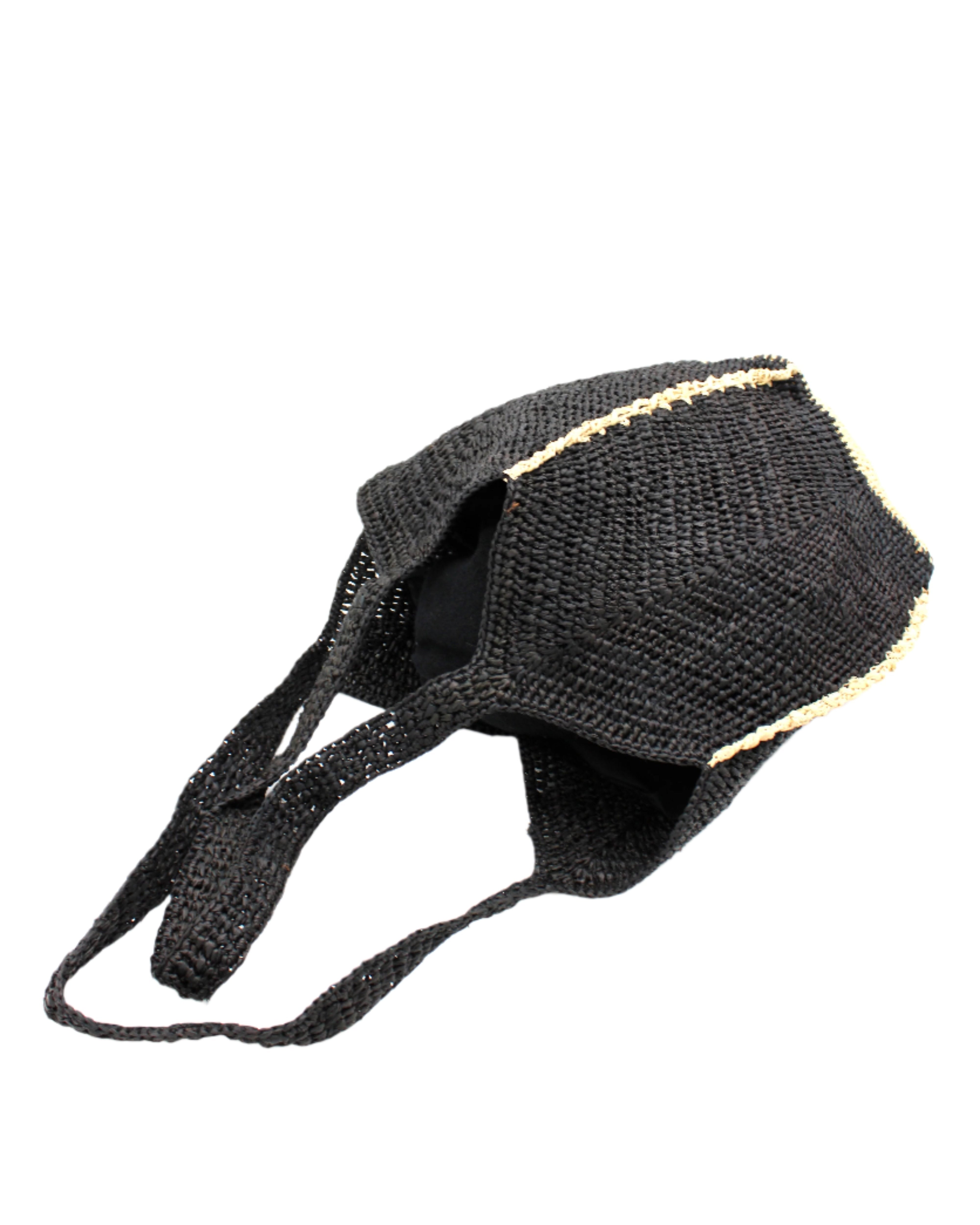 Sea See Black Straw Shoulder Bag handmade woven raffia palm fiber in a solid hue of black making a diagonal link pattern with natural straw color crochet circular bottom and vertical edging along the side panels creating a two tone multicolor handbag/beach bag/purse - Shebobo