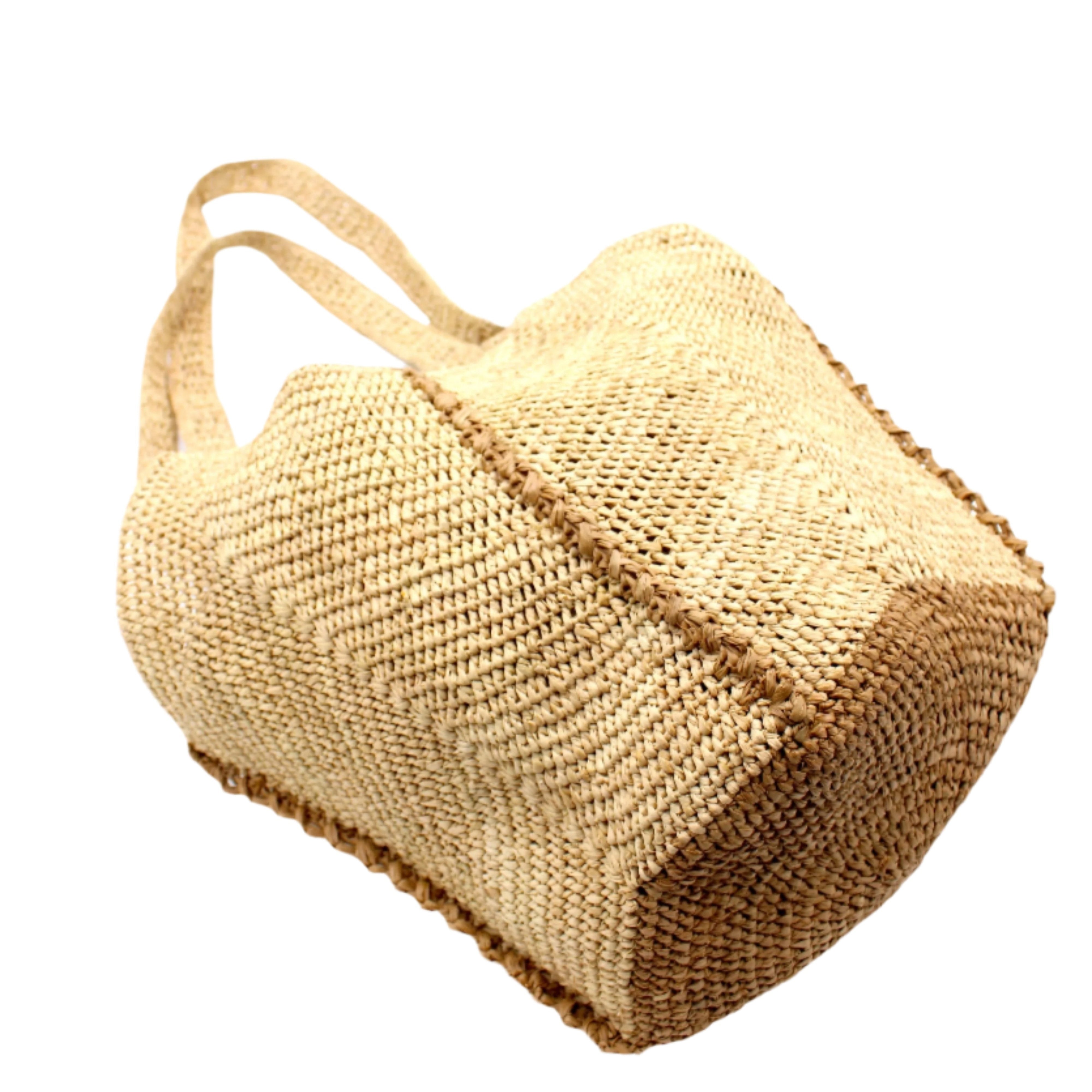Bottom View Sea See Cappuccino Straw Shoulder Bag handmade woven raffia palm fiber in a solid hue of natural straw color making a diagonal link pattern with cappuccino light/brown/beige crochet circular bottom and vertical edging along the side panels creating a two tone multicolor handbag/beach bag/purse - Shebobo