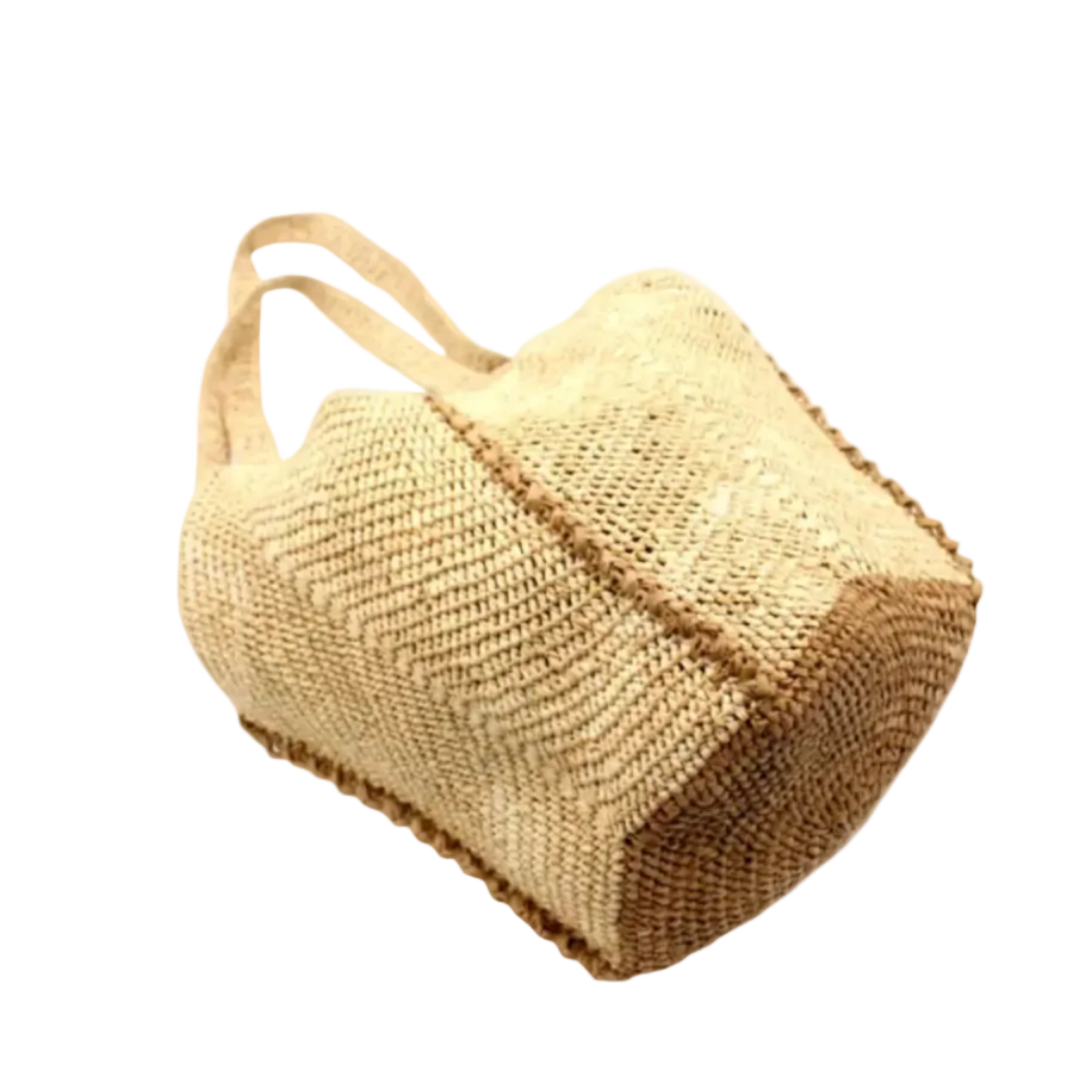 Bottom View Sea See Cappuccino Straw Shoulder Bag handmade woven raffia palm fiber in a solid hue of natural straw color making a diagonal link pattern with cappuccino light/brown/beige crochet circular bottom and vertical edging along the side panels creating a two tone multicolor handbag/beach bag/purse - Shebobo