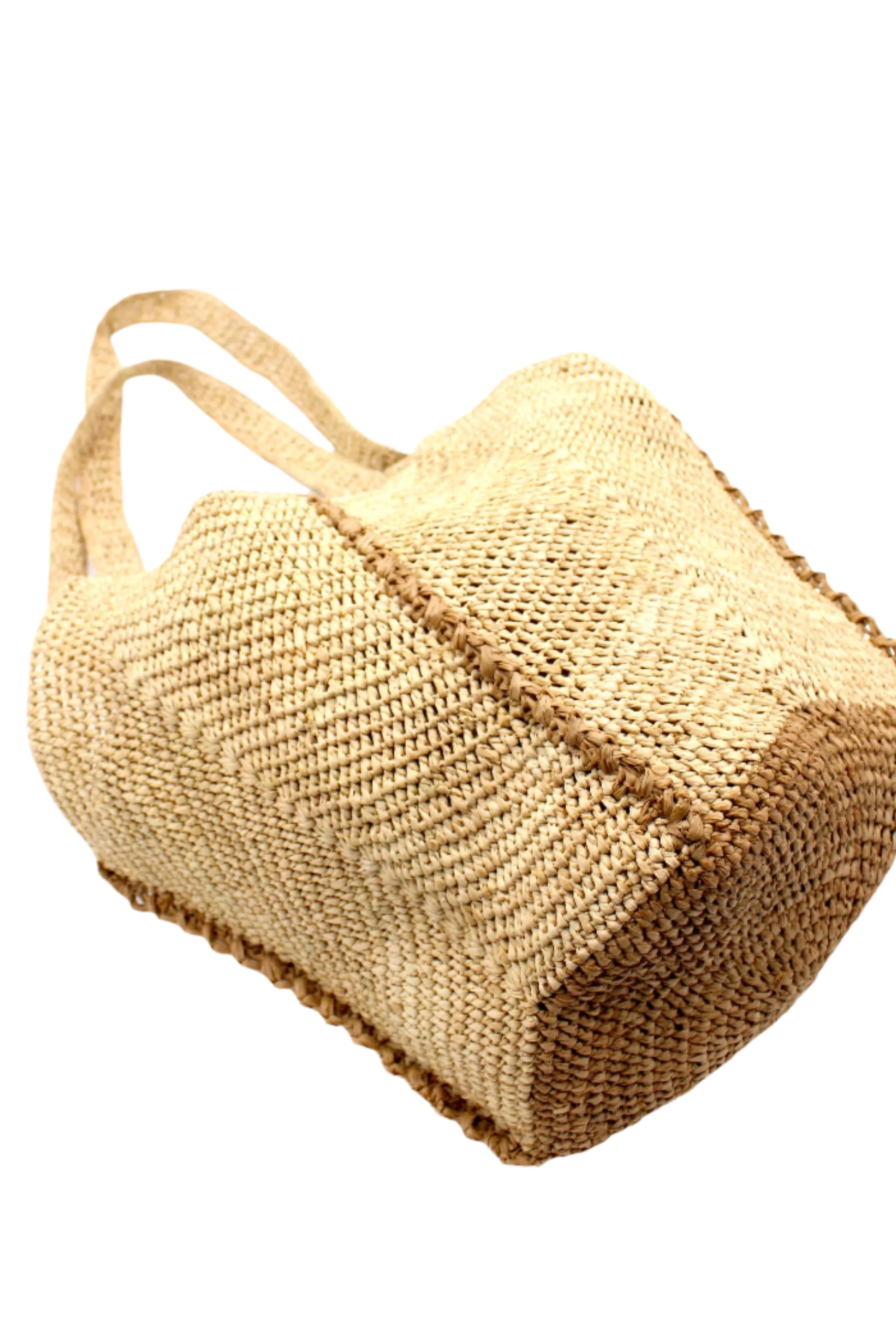 Bottom View Sea See Cappuccino Straw Shoulder Bag handmade woven raffia palm fiber in a solid hue of natural straw color making a diagonal link pattern with cappuccino light/brown/beige crochet circular bottom and vertical edging along the side panels creating a two tone multicolor handbag/beach bag/purse - Shebobo