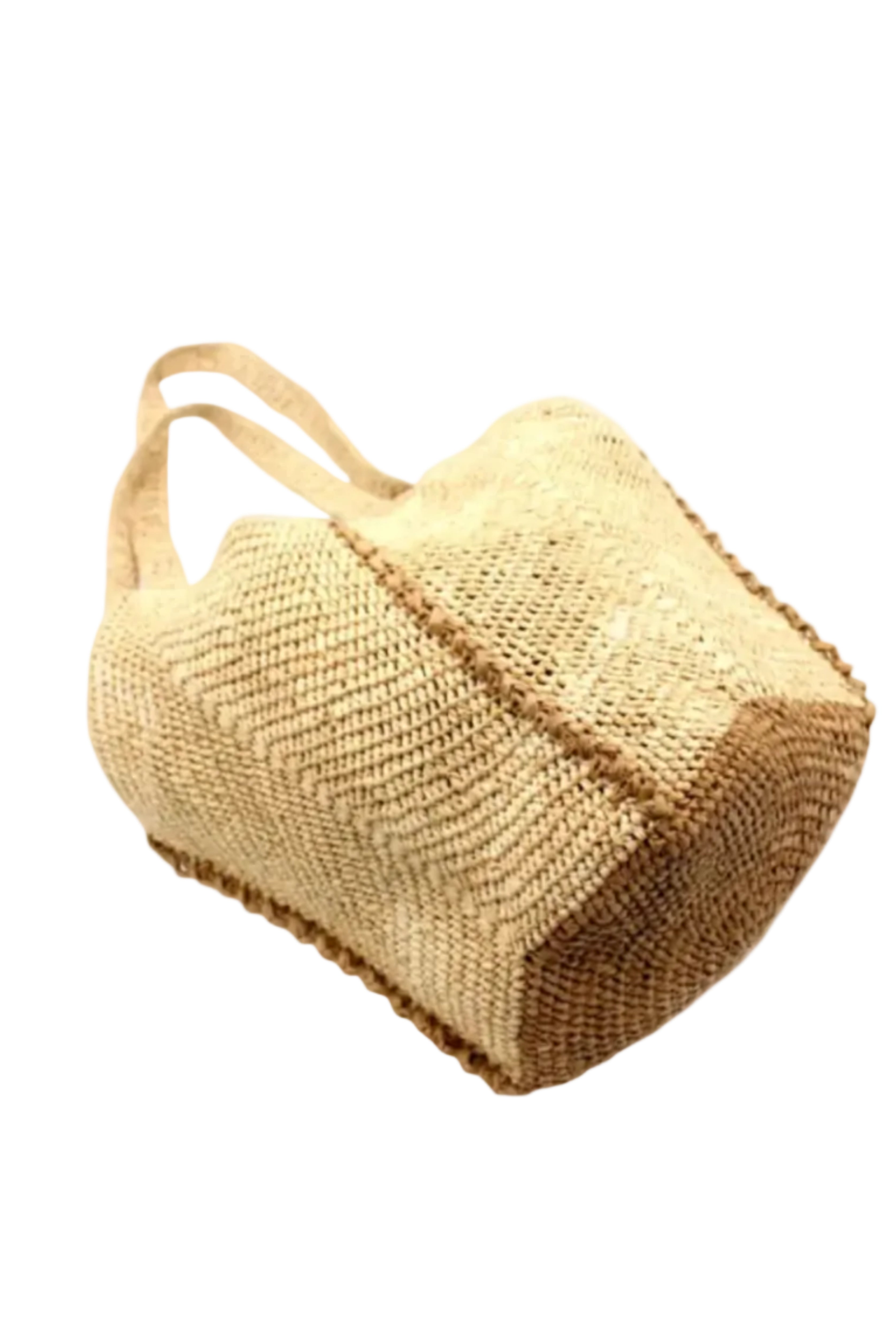Bottom View Sea See Cappuccino Straw Shoulder Bag handmade woven raffia palm fiber in a solid hue of natural straw color making a diagonal link pattern with cappuccino light/brown/beige crochet circular bottom and vertical edging along the side panels creating a two tone multicolor handbag/beach bag/purse - Shebobo
