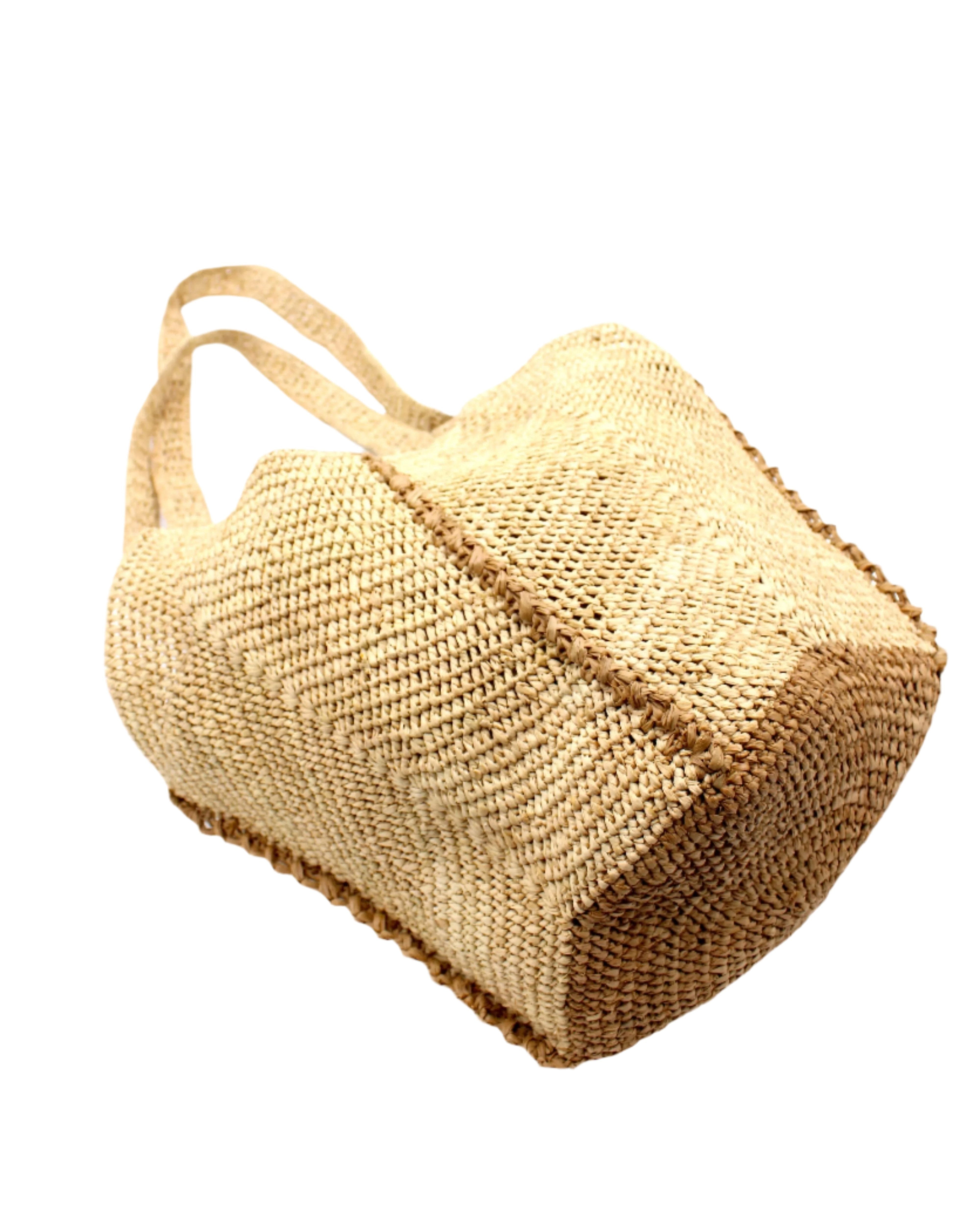 Bottom View Sea See Cappuccino Straw Shoulder Bag handmade woven raffia palm fiber in a solid hue of natural straw color making a diagonal link pattern with cappuccino light/brown/beige crochet circular bottom and vertical edging along the side panels creating a two tone multicolor handbag/beach bag/purse - Shebobo