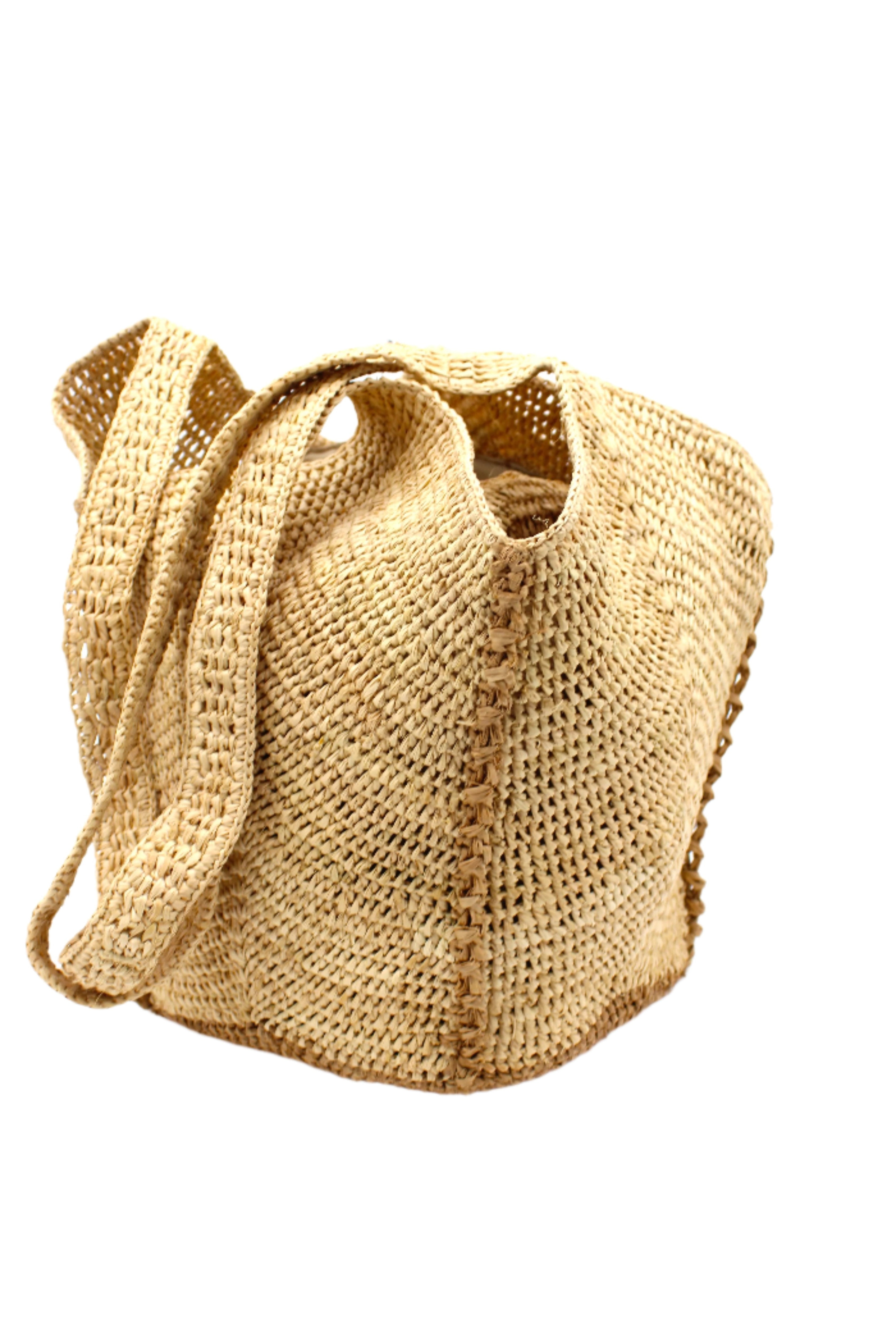 Sea See Cappuccino Straw Shoulder Bag handmade woven raffia palm fiber in a solid hue of natural straw color making a diagonal link pattern with cappuccino light/brown/beige crochet circular bottom and vertical edging along the side panels creating a two tone multicolor handbag/beach bag/purse - Shebobo