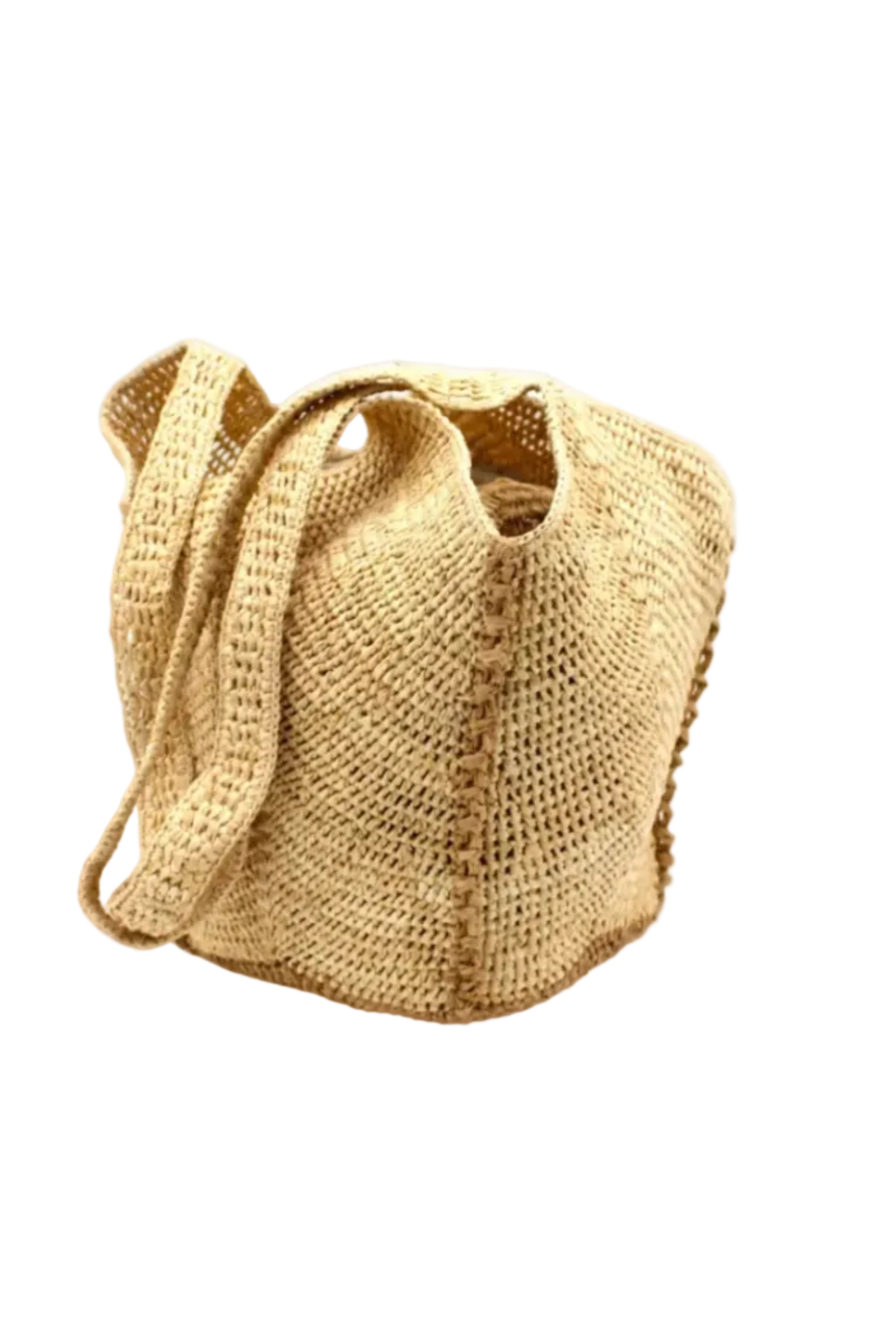 Sea See Cappuccino Straw Shoulder Bag handmade woven raffia palm fiber in a solid hue of natural straw color making a diagonal link pattern with cappuccino light/brown/beige crochet circular bottom and vertical edging along the side panels creating a two tone multicolor handbag/beach bag/purse - Shebobo