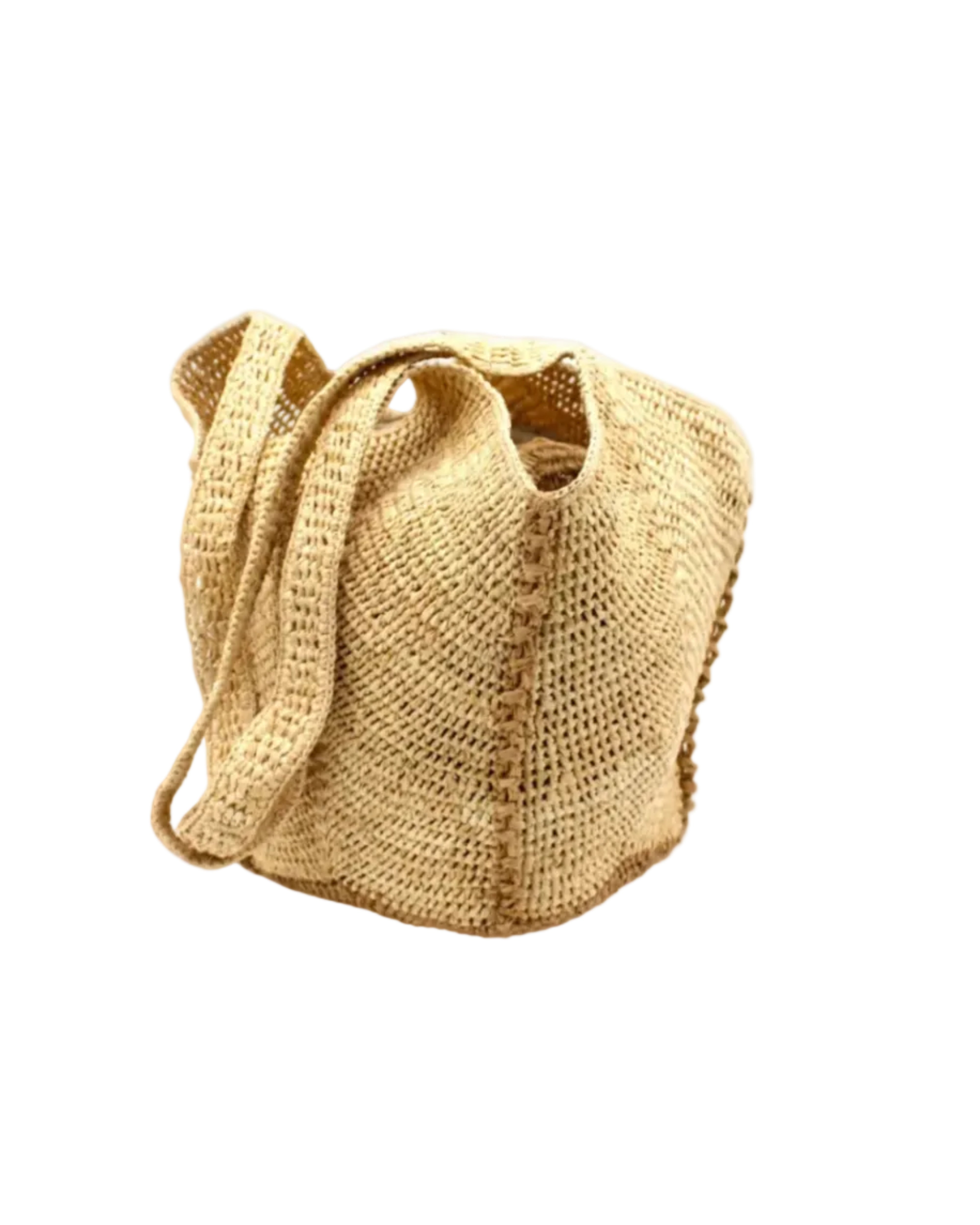 Sea See Cappuccino Straw Shoulder Bag handmade woven raffia palm fiber in a solid hue of natural straw color making a diagonal link pattern with cappuccino light/brown/beige crochet circular bottom and vertical edging along the side panels creating a two tone multicolor handbag/beach bag/purse - Shebobo