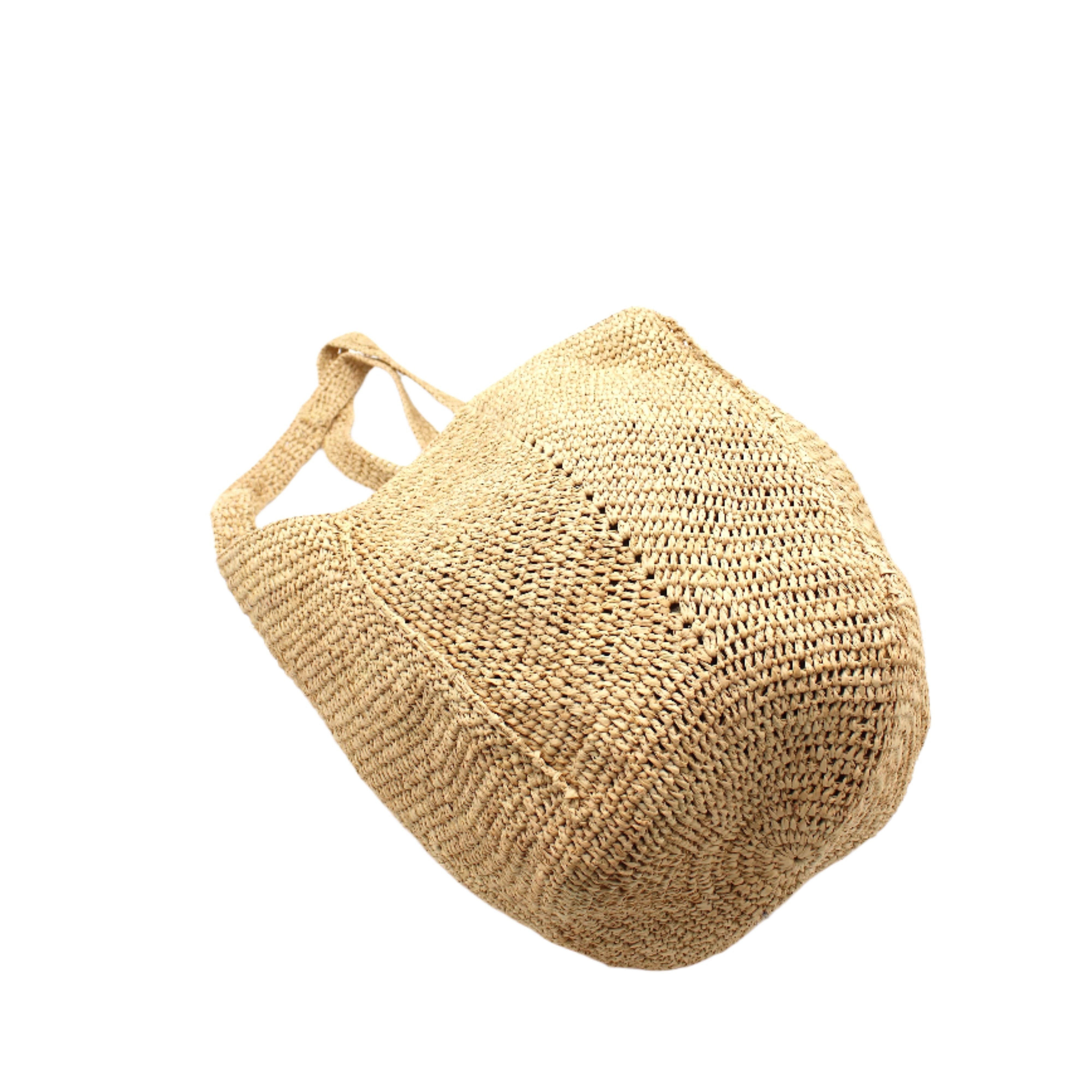 Bottom View Sea See Natural Straw Shoulder Bag handmade woven raffia palm fiber in a solid hue of natural straw color making a diagonal link pattern with matching crochet circular bottom and vertical edging along the side panels handbag/beach bag/purse - Shebobo