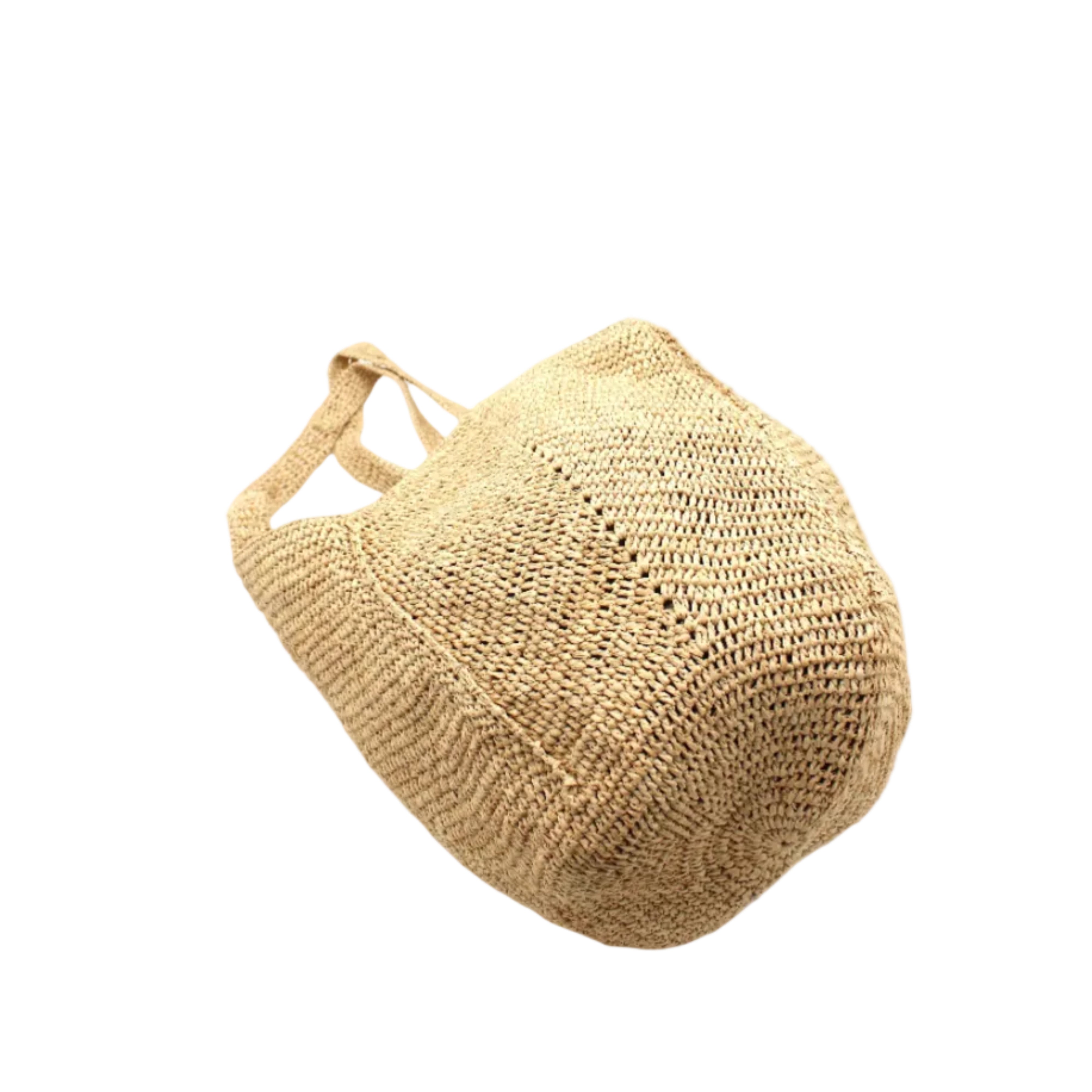 Bottom View Sea See Natural Straw Shoulder Bag handmade woven raffia palm fiber in a solid hue of natural straw color making a diagonal link pattern with matching crochet circular bottom and vertical edging along the side panels handbag/beach bag/purse - Shebobo