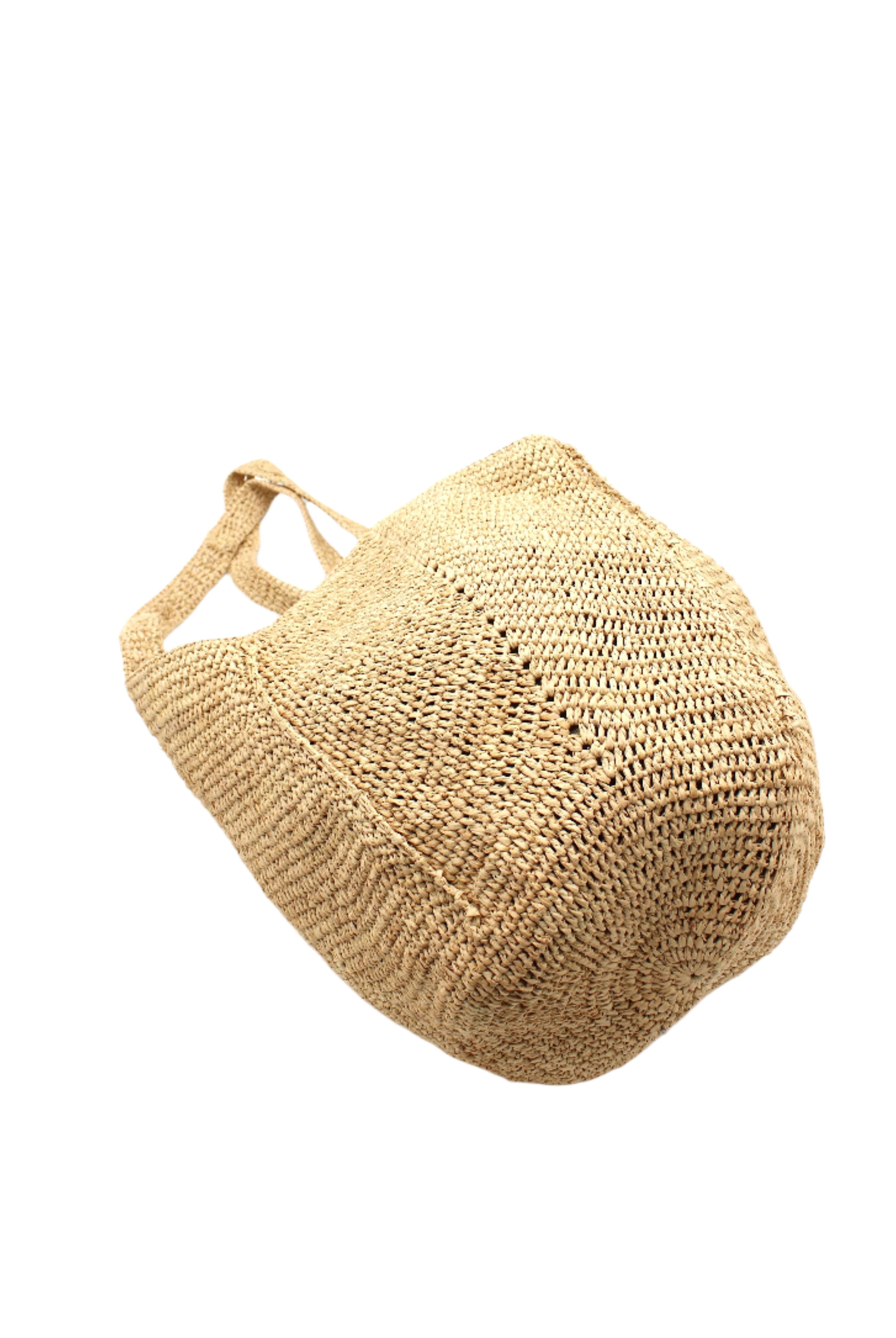 Bottom View Sea See Natural Straw Shoulder Bag handmade woven raffia palm fiber in a solid hue of natural straw color making a diagonal link pattern with matching crochet circular bottom and vertical edging along the side panels handbag/beach bag/purse - Shebobo