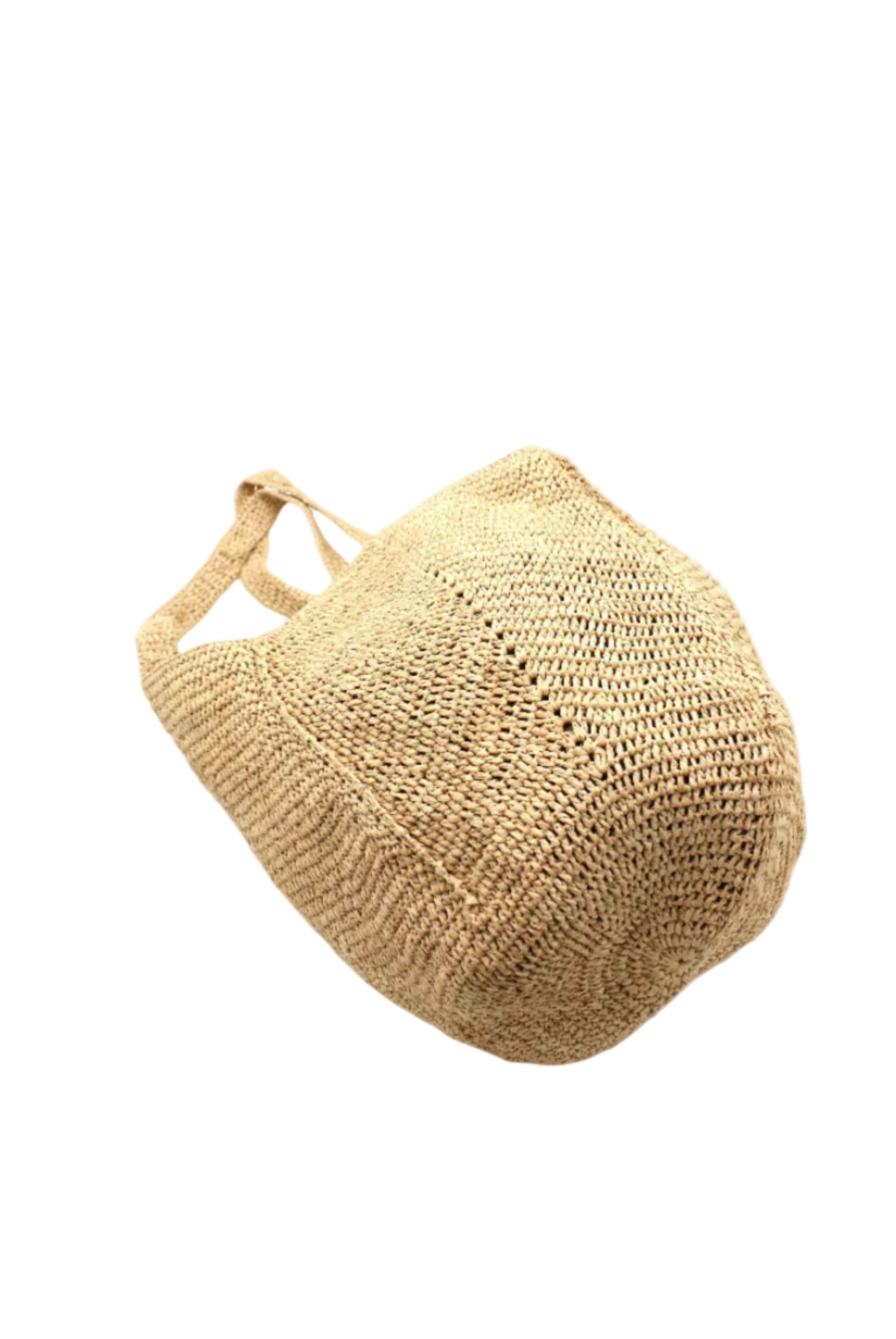 Bottom View Sea See Natural Straw Shoulder Bag handmade woven raffia palm fiber in a solid hue of natural straw color making a diagonal link pattern with matching crochet circular bottom and vertical edging along the side panels handbag/beach bag/purse - Shebobo