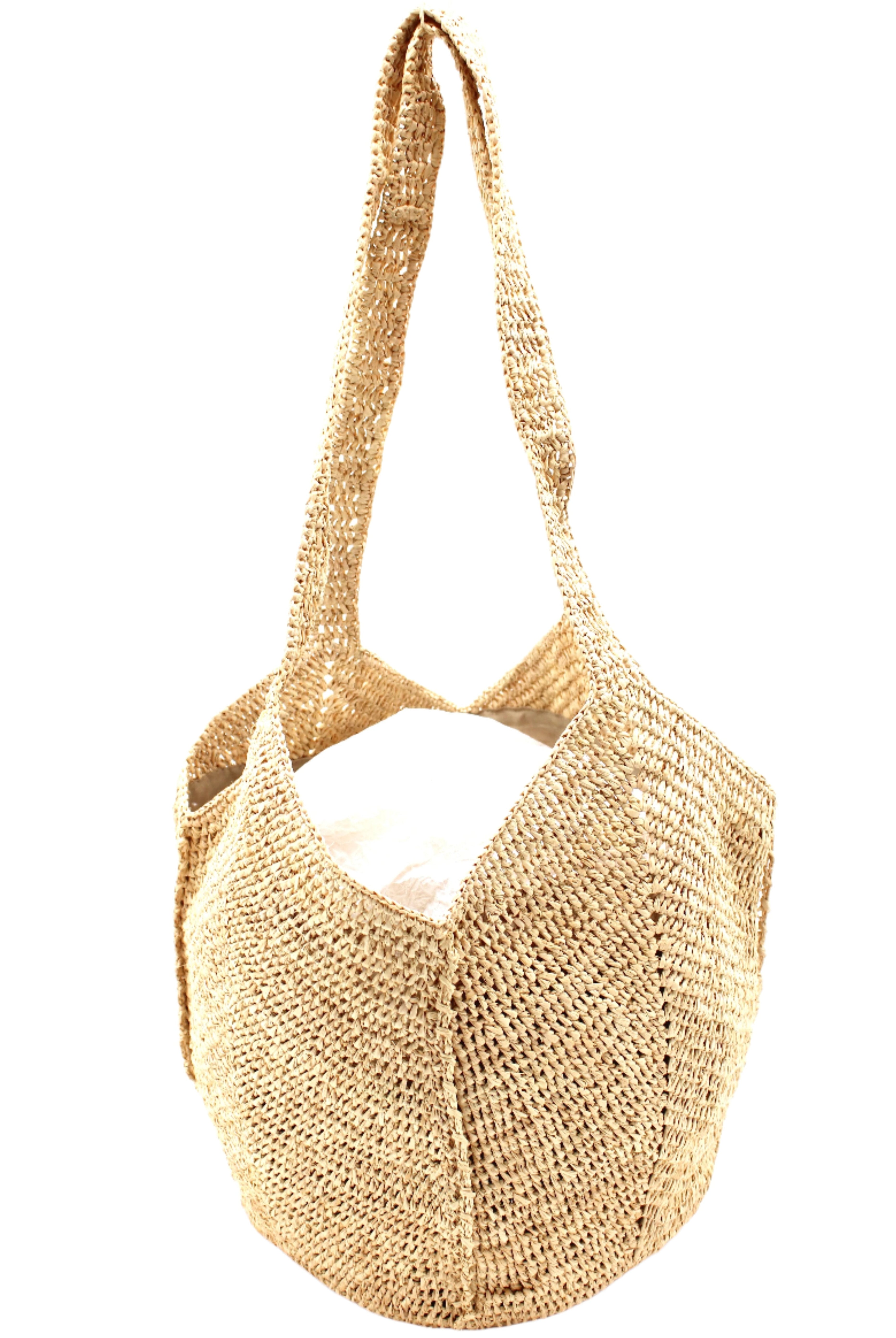 Bottom View Sea See Natural Straw Shoulder Bag handmade woven raffia palm fiber in a solid hue of natural straw color making a diagonal link pattern with matching crochet circular bottom and vertical edging along the side panels handbag/beach bag/purse - Shebobo