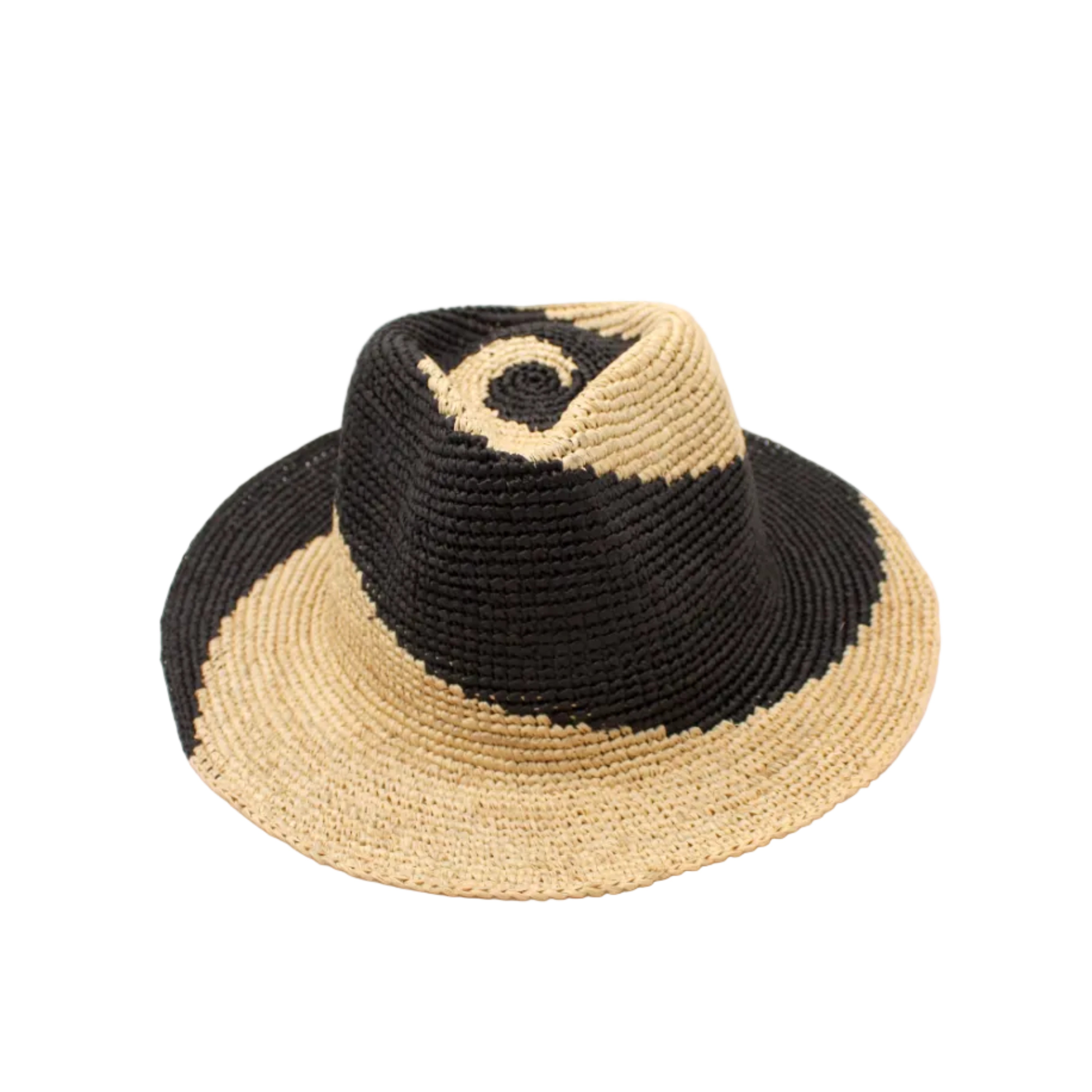 Sequoia Black and Natural 3" Brim Swirl Crochet Panama Unisex Straw Hats handmade crochet natural raffia palm fiber in a two tone color swirl design of black and natural straw color spiraling together from wide bands around the brim to a narrow twist at the top of the crown - Shebobo
