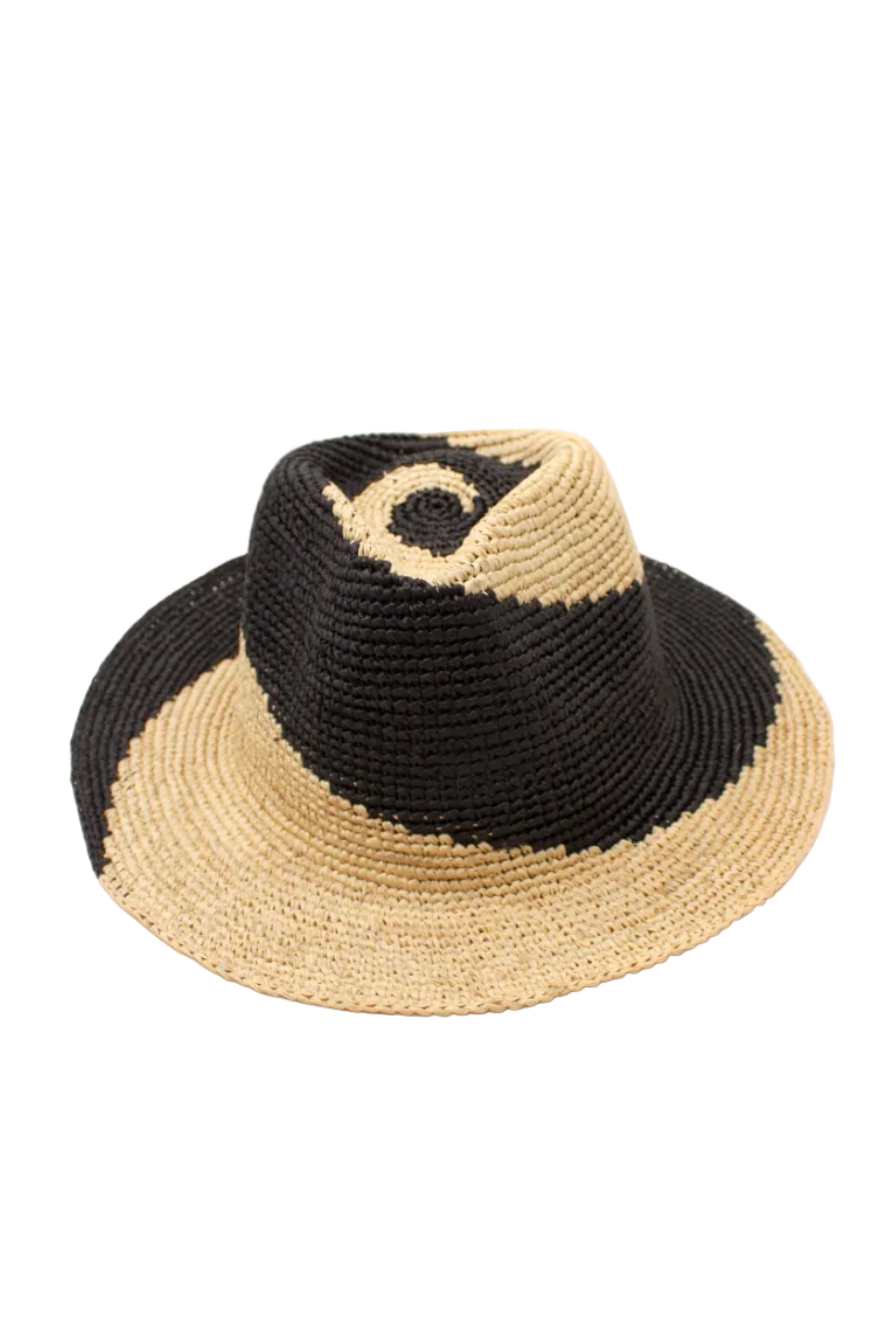Sequoia Black and Natural 3" Brim Swirl Crochet Panama Unisex Straw Hats handmade crochet natural raffia palm fiber in a two tone color swirl design of black and natural straw color spiraling together from wide bands around the brim to a narrow twist at the top of the crown - Shebobo